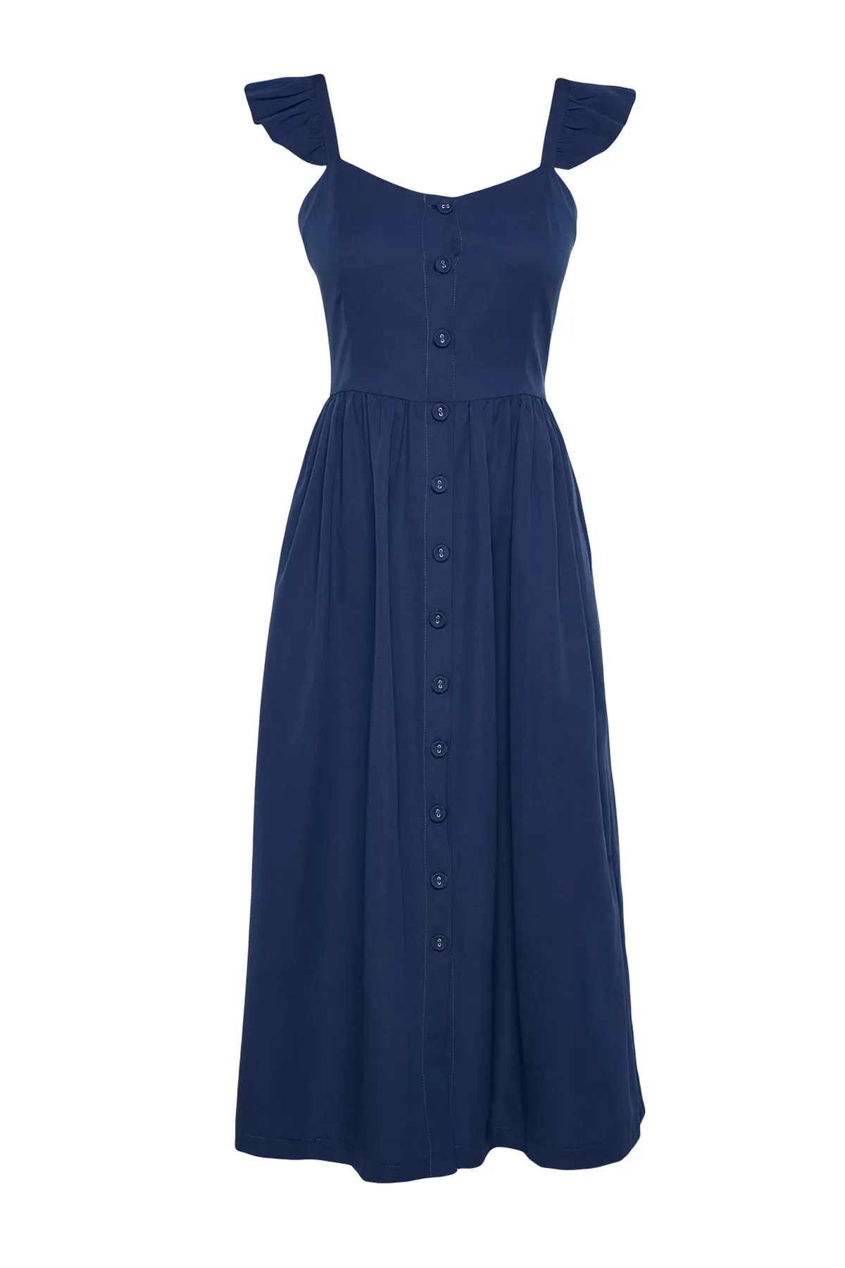 Trendyol Collection  Marineblaues Midi-Hemdkleid mit gewebten Rüschen und Details TWOSS23EL01146