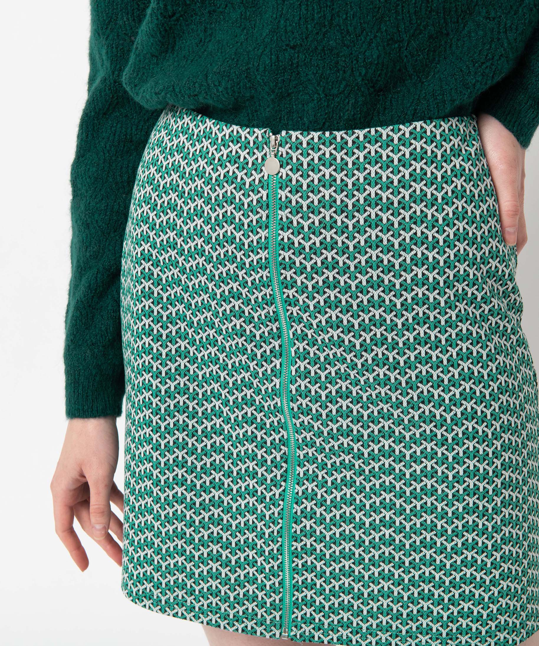 Jupe femme à motifs graphiques et fermeture zippée devant vert | GEMO