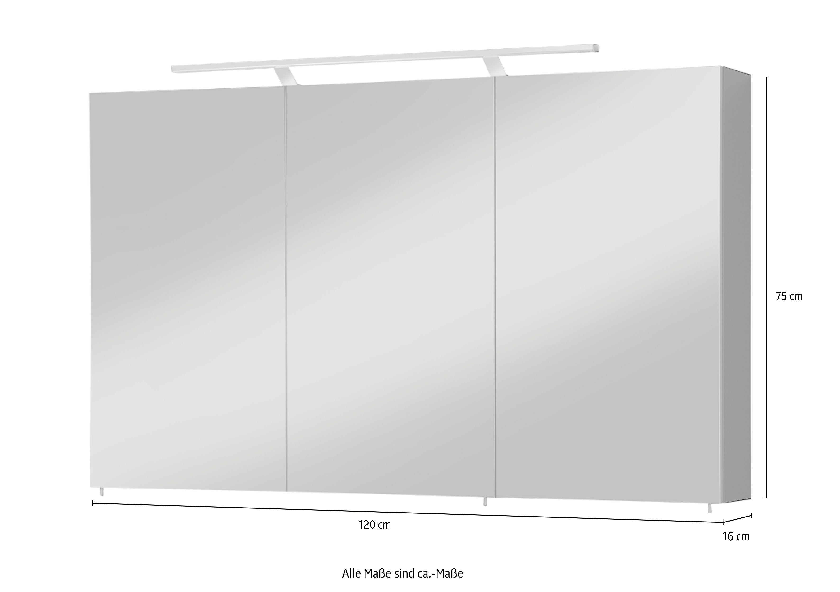 welltime Spiegelschrank Torino Breite 120 cm, 3-türig, LED-Beleuchtung, Schalter-/Steckdosenbox