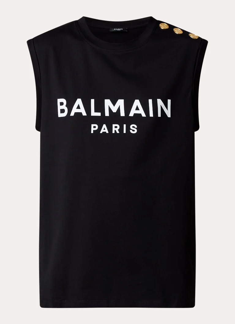 Balmain Sleeveless top with decorative buttons and logo print