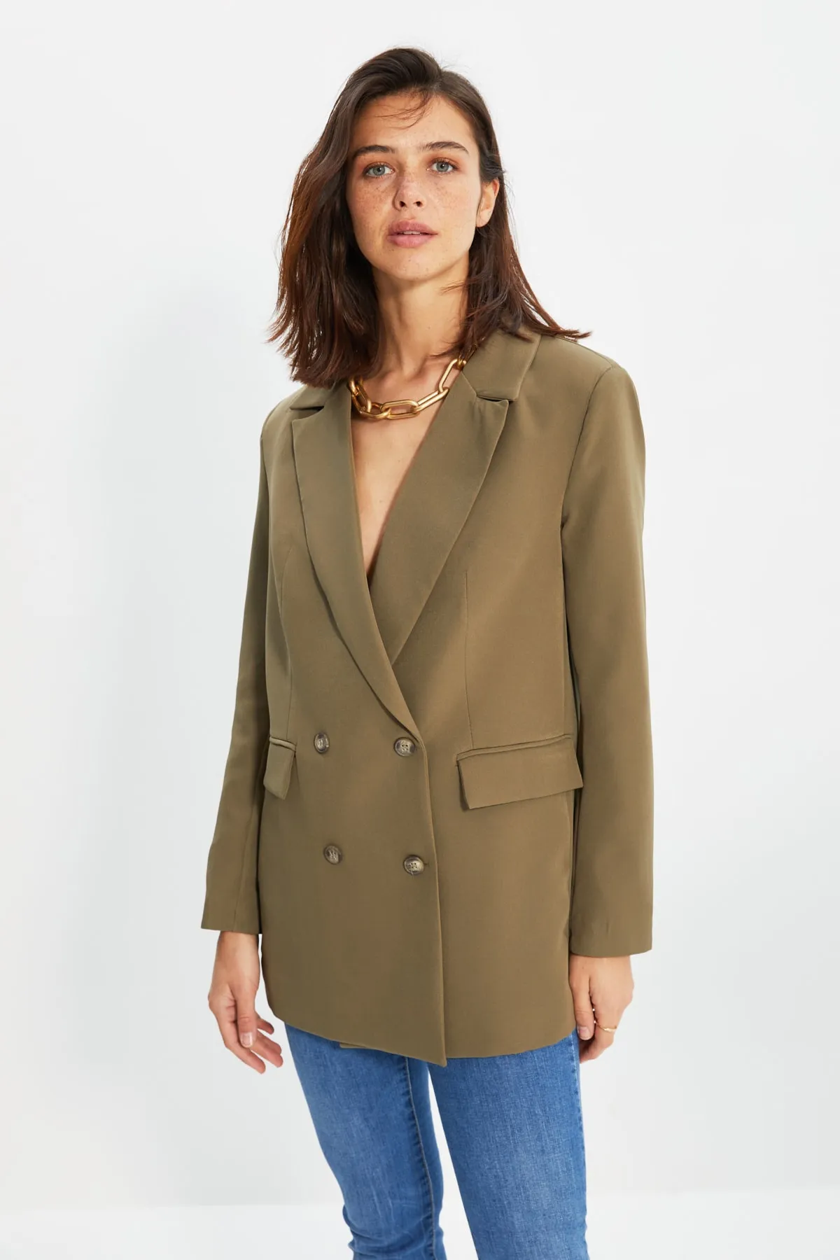 Trendyol Collection  Hellkhakifarbene, gefütterte, geknöpfte, gewebte Blazerjacke TWOAW22CE0167