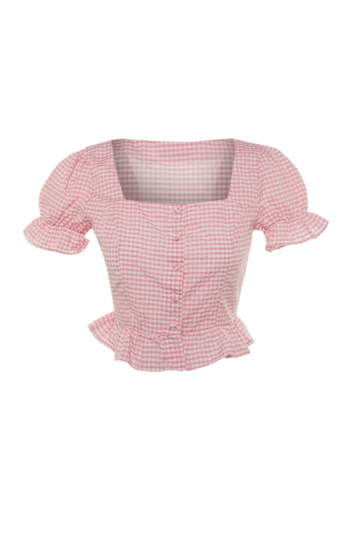 Trendyol Collection  Rosafarbene, gewebte, geknöpfte Gingham-Bluse mit quadratischem Ausschnitt TWOSS21BZ0820