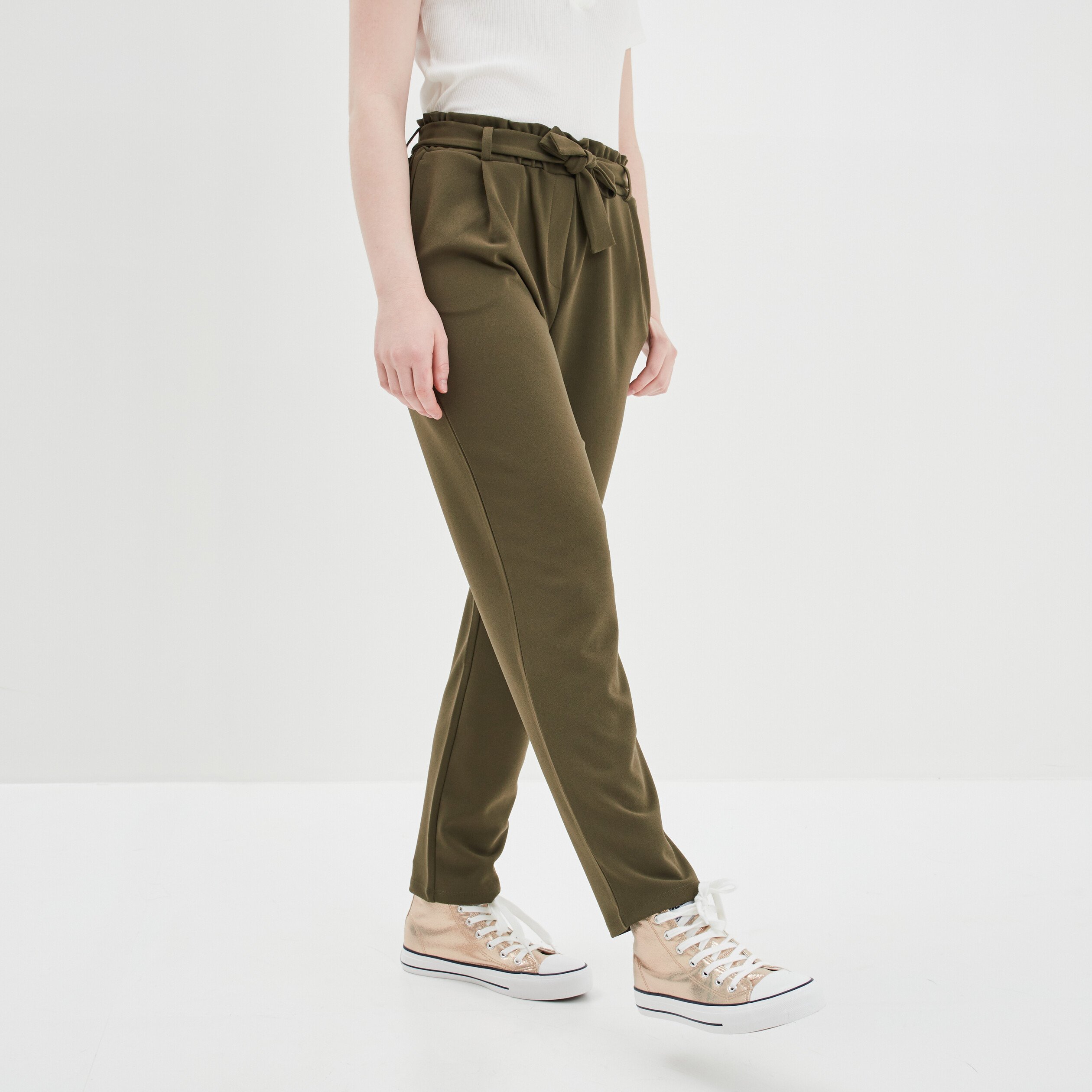 Pantalon city paperbag ceinturé vert kaki femme | La Halle