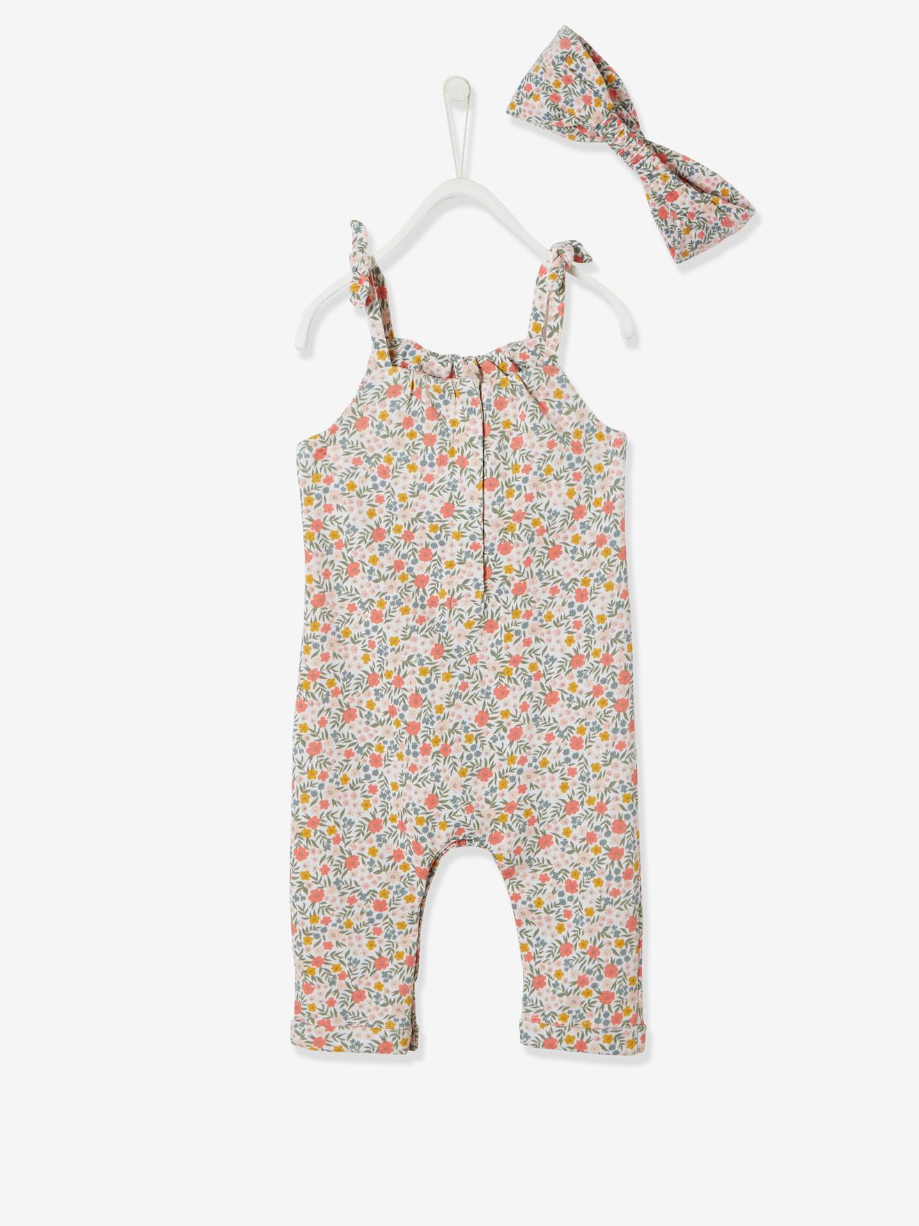 Ensemble combinaison et bandeau bébé fille en molleton bleu nuit