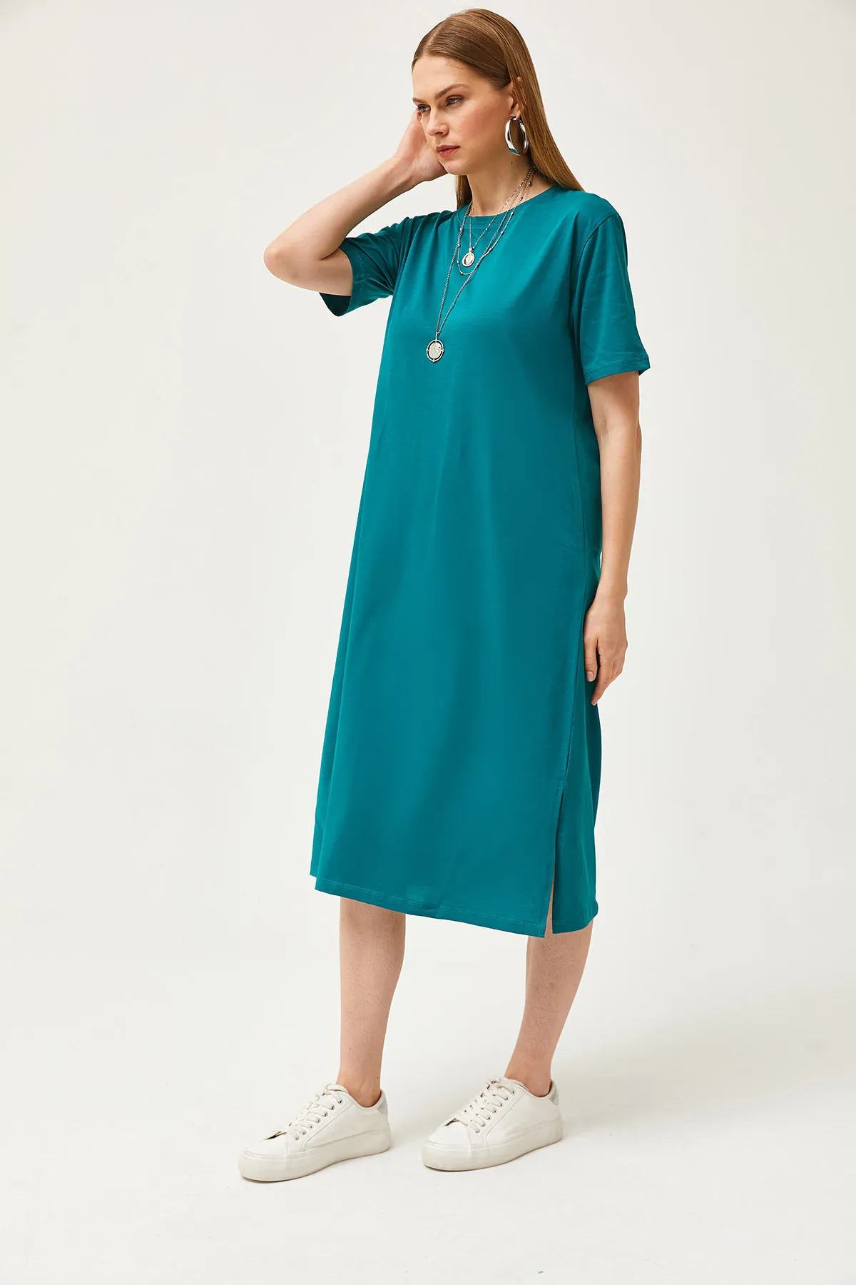 Olalook  Smaragdgrünes, übergroßes Baumwollkleid mit Seitenschlitz für Damen ELB-19001880