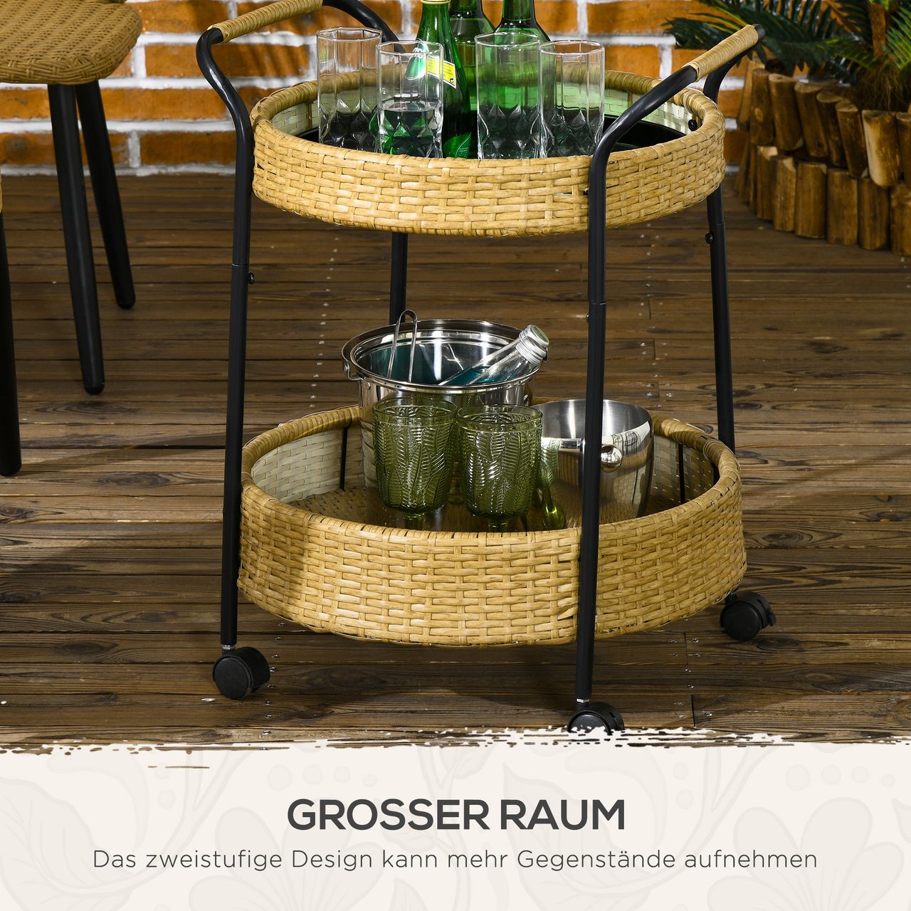 Outsunny Servierwagen Rattan Gartenrollwagen Trolley mit 2 Regalen Natur