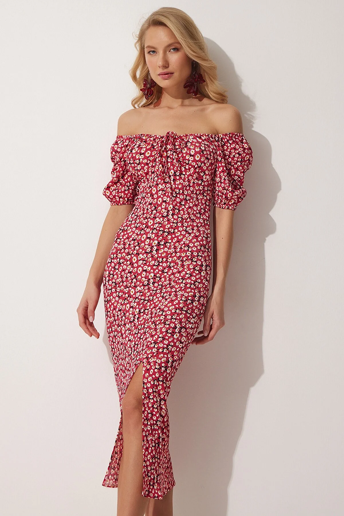 Happiness İstanbul  Dunkelrosa Damen-Sommerstrickkleid mit Carmenkragen und Schlitz FF00113
