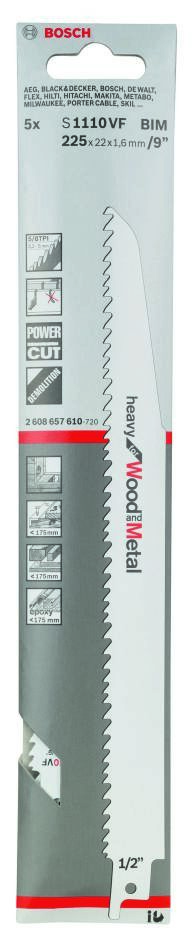 Bosch Blue Accessories 2608657610 S1110VF Säbelsägeblatt, schwer, für Holz und Metall, 225 mm, 5 Stück