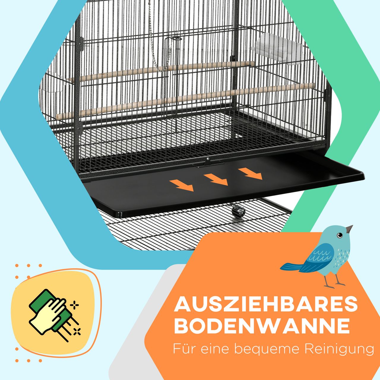 PawHut Vogelkäfig Vogelbauer mit Sitzstangen, Vogelhaus mit Ablage Rollen Stahl