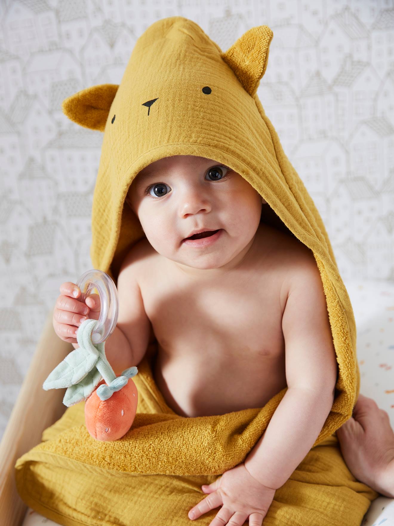 Cape de bain + gant en gaze de coton bio*, bleu