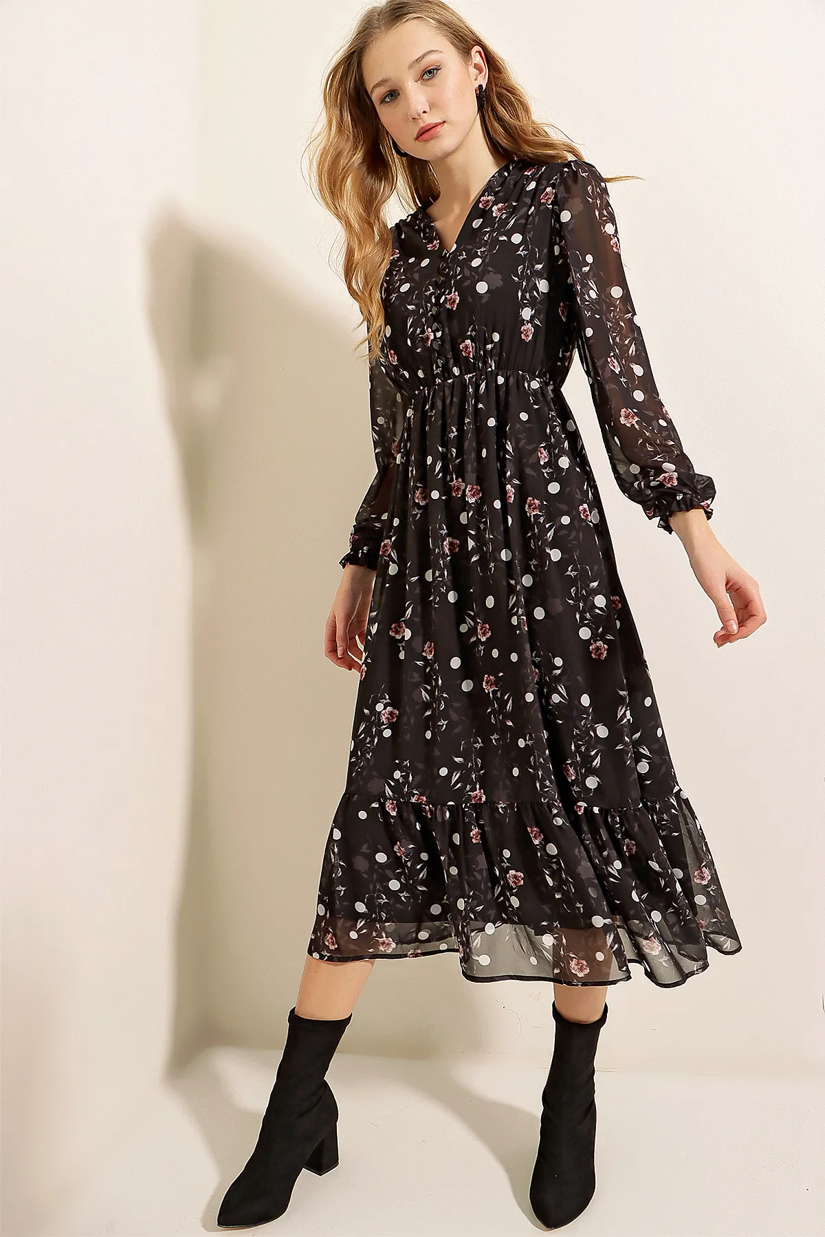 Bigdart  2137 Gemustertes Chiffonkleid – Schwarz