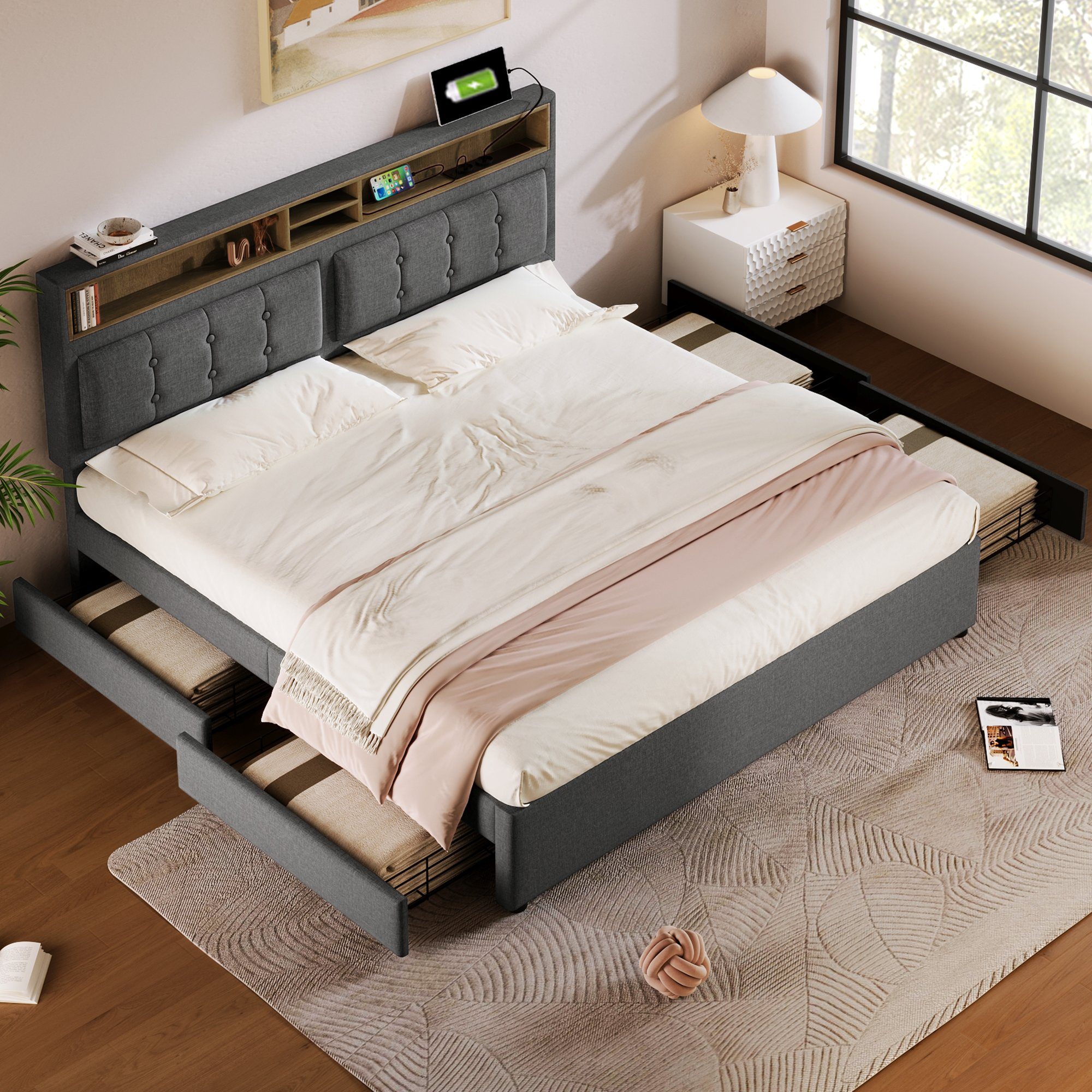 REDOM Polsterbett Doppelbett (mit USB/Typ-C Ladefunktion + 4 Schubladen 140x200cm Leinen), Inklusive Matratze