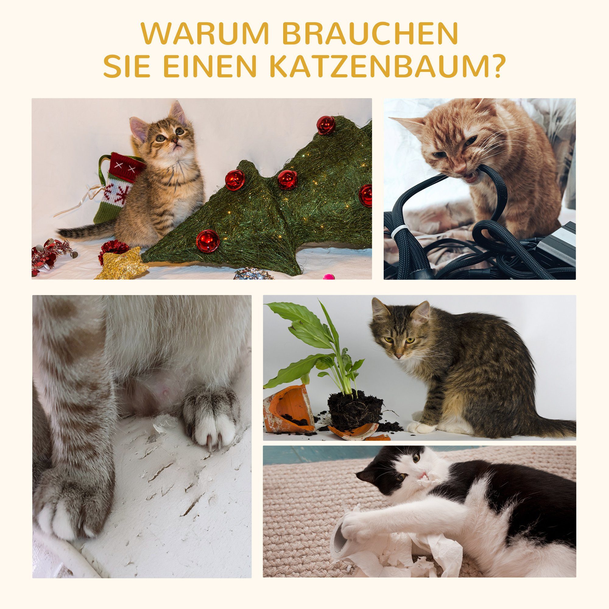 PawHut Kratzbaum Katzenbaum mit Spielbällen Sisalseil-Kratzstangen, Beige, 35.5L x 37B x 46H cm