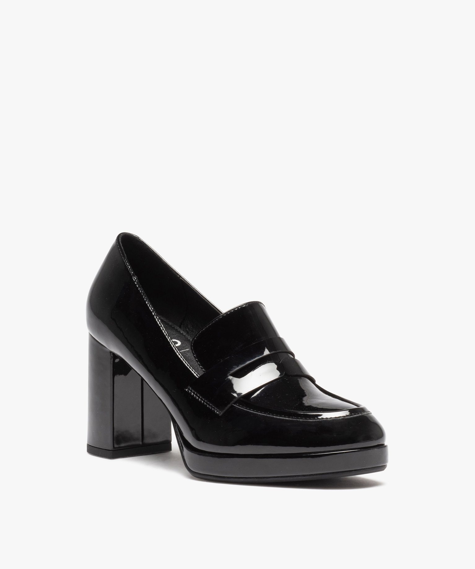 Mocassins femme vernis à talon haut noir | GEMO