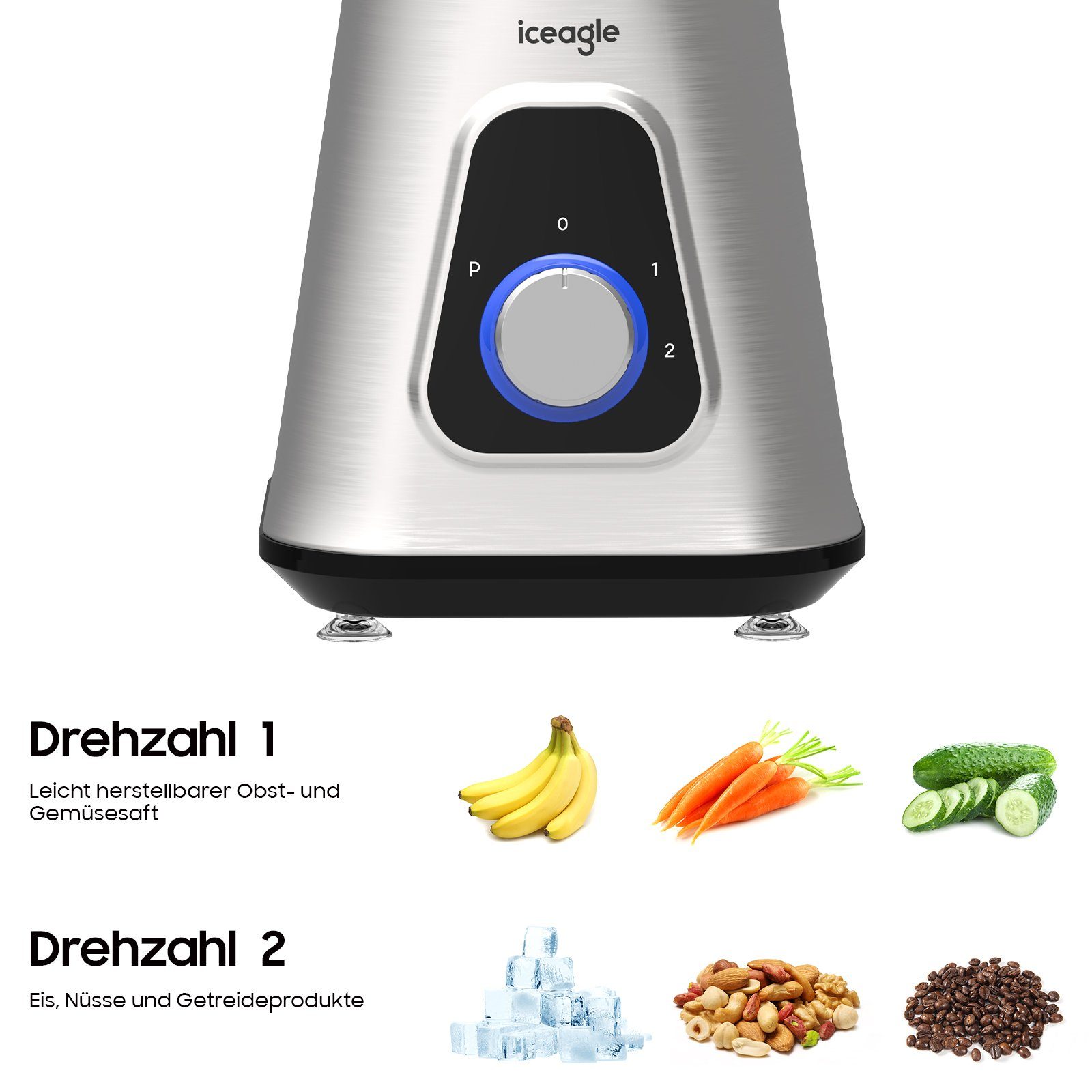 iceagle Standmixer Standmixer 2-in-1 Mixer Smoothie Maker Multifunktion Entsafte Fleisch, 1300,00 W, 2 Ebenen, Edelstahl, 1,5L Glasaufsatz, 0,6L Tragbare Tasse, 6-Kling