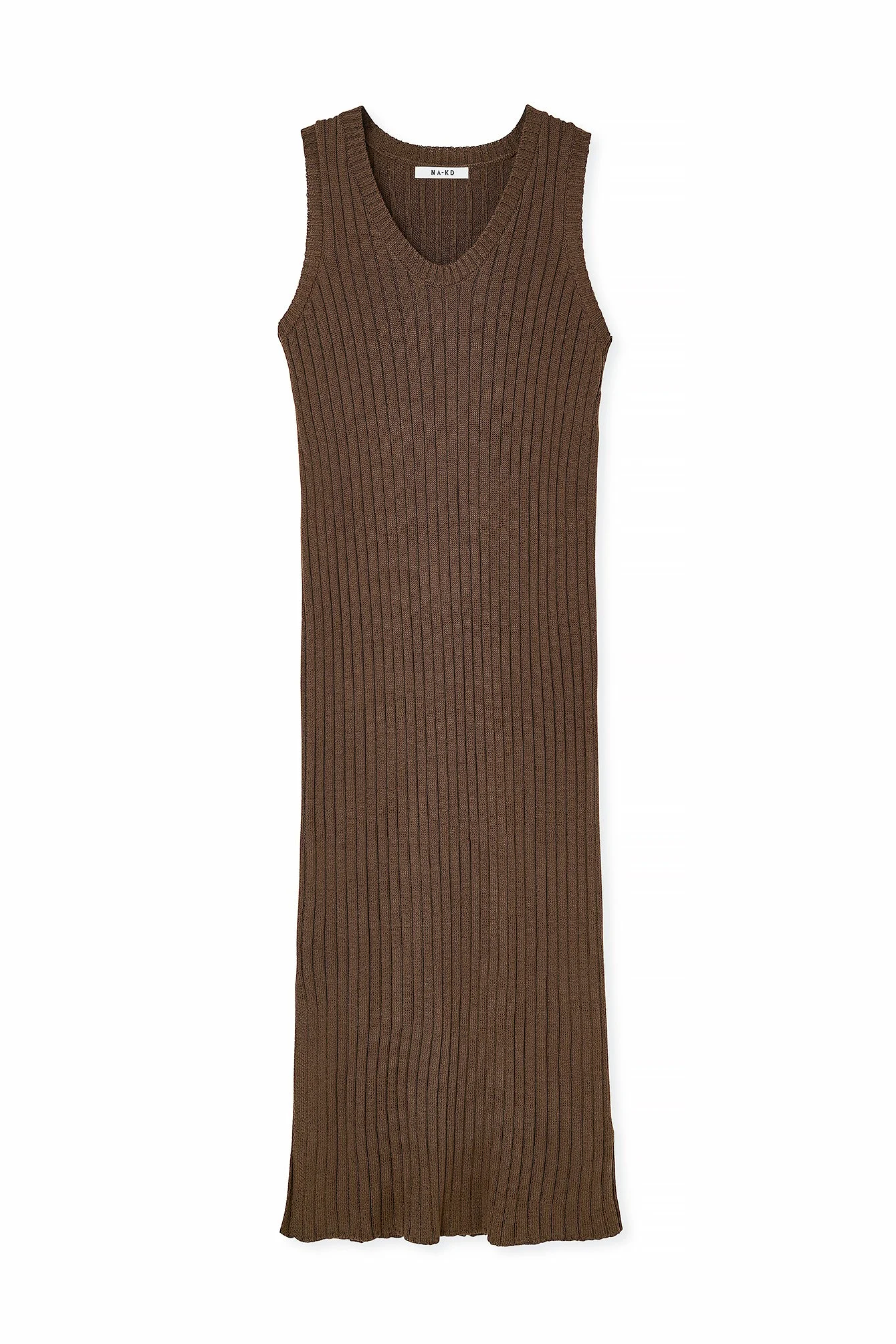 Geripptes Midikleid aus Strickstoff mit V-Ausschnitt