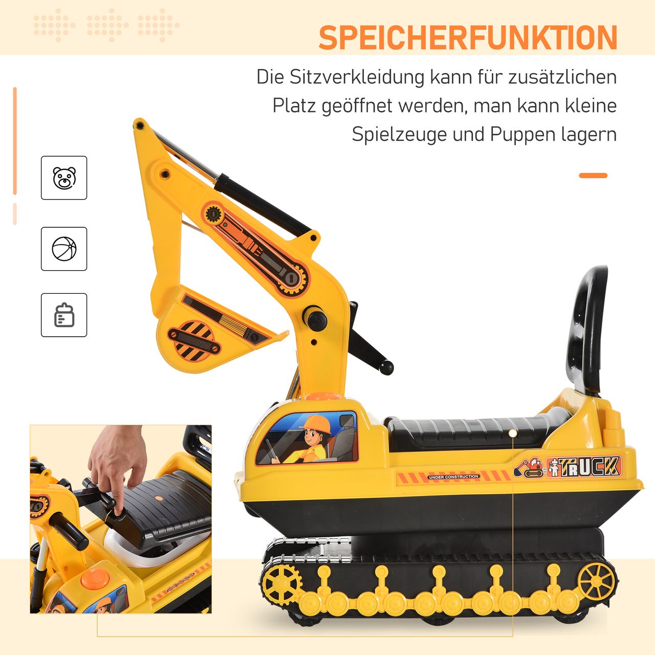 HOMCOM Rutschauto Kinder Rutscher Baby Kinderauto mit Bagger Schwarz Gelb