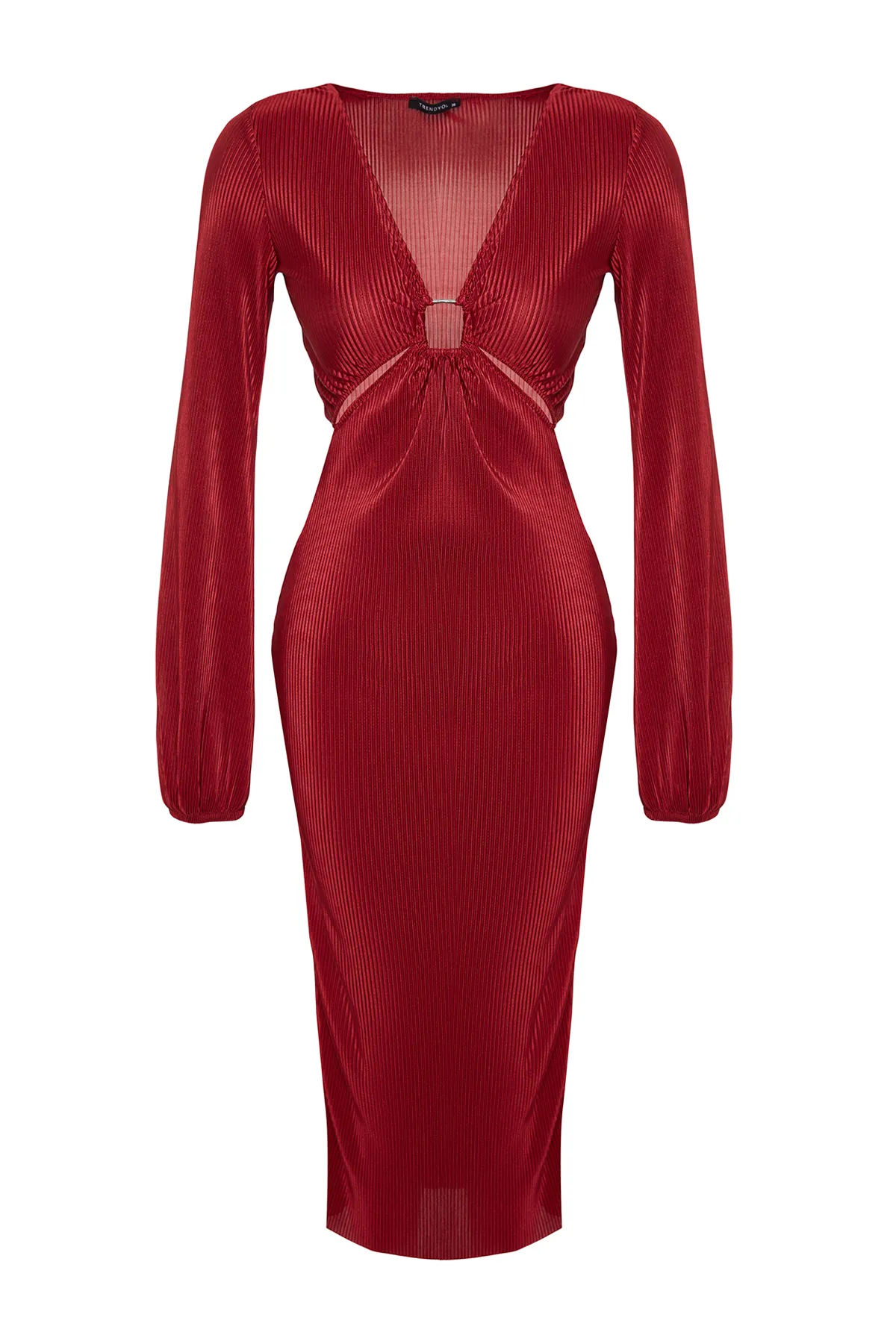 Trendyol Collection  Burgunderfarbenes, tailliertes, gestricktes, plissiertes, elegantes Abendkleid mit Fenster/Ausschnitten TPRAW24EL00060