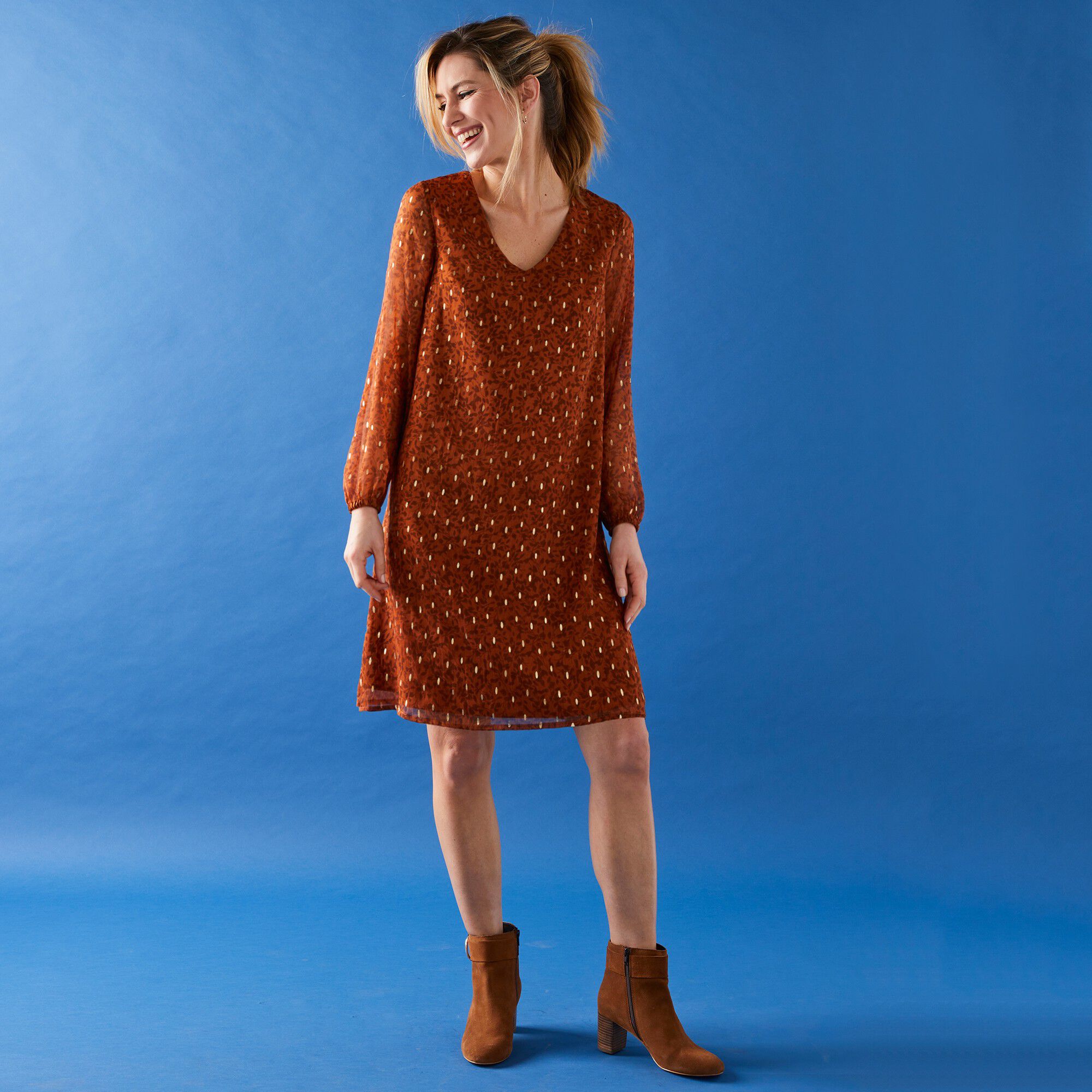 Robe évasée voile imprimé doré
