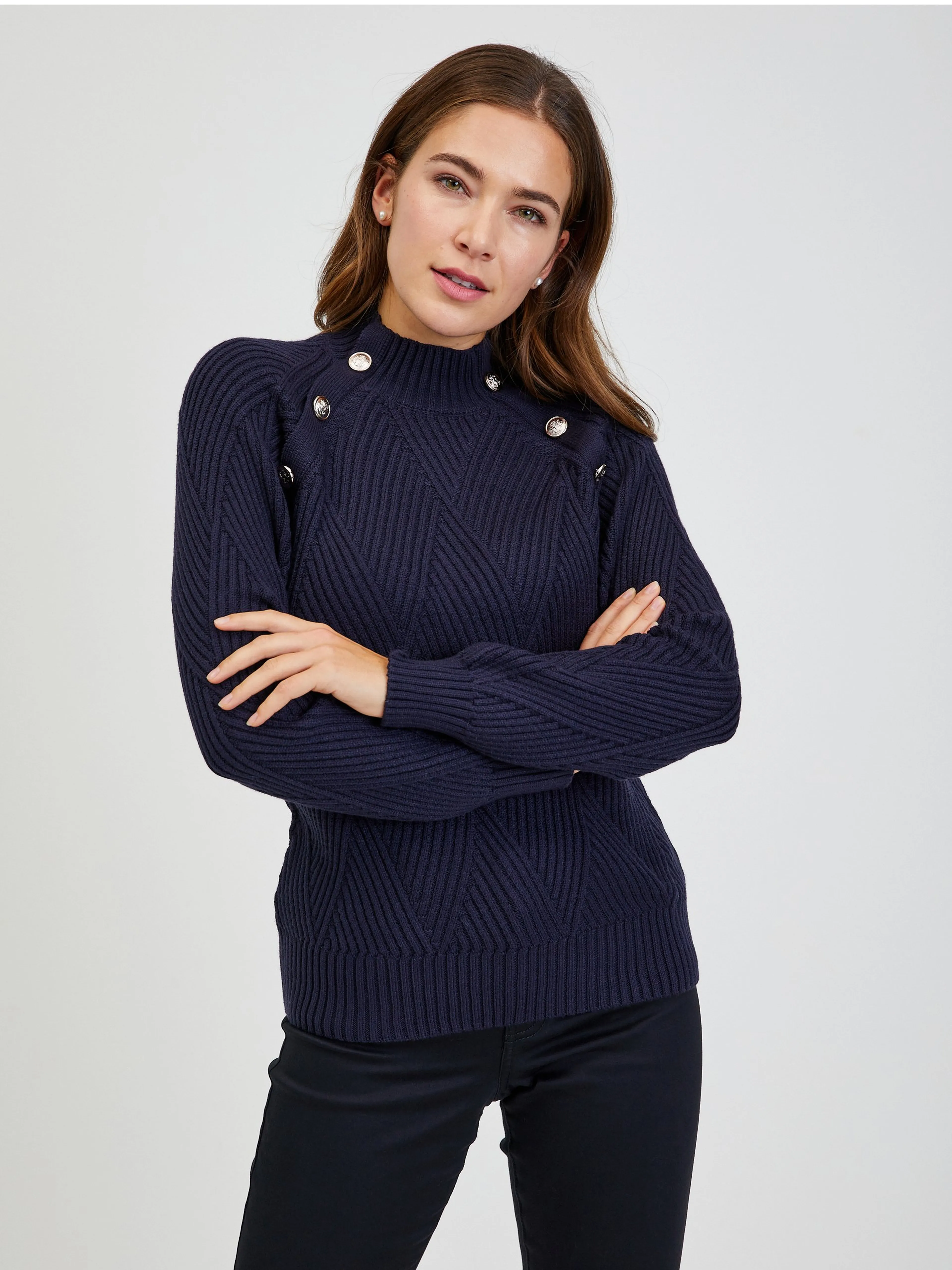 Dunkelblauer Damen Ripppullover mit Dekoknöpfen ORSAY