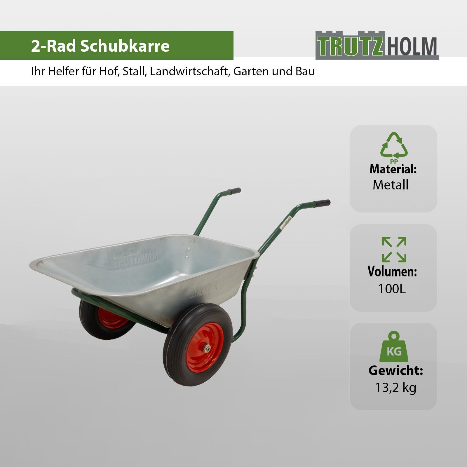 TRUTZHOLM Schubkarre 2 Rad Schubkarre Zweirad Karre Schiebkarre Gartenkarre 100l 160kg
