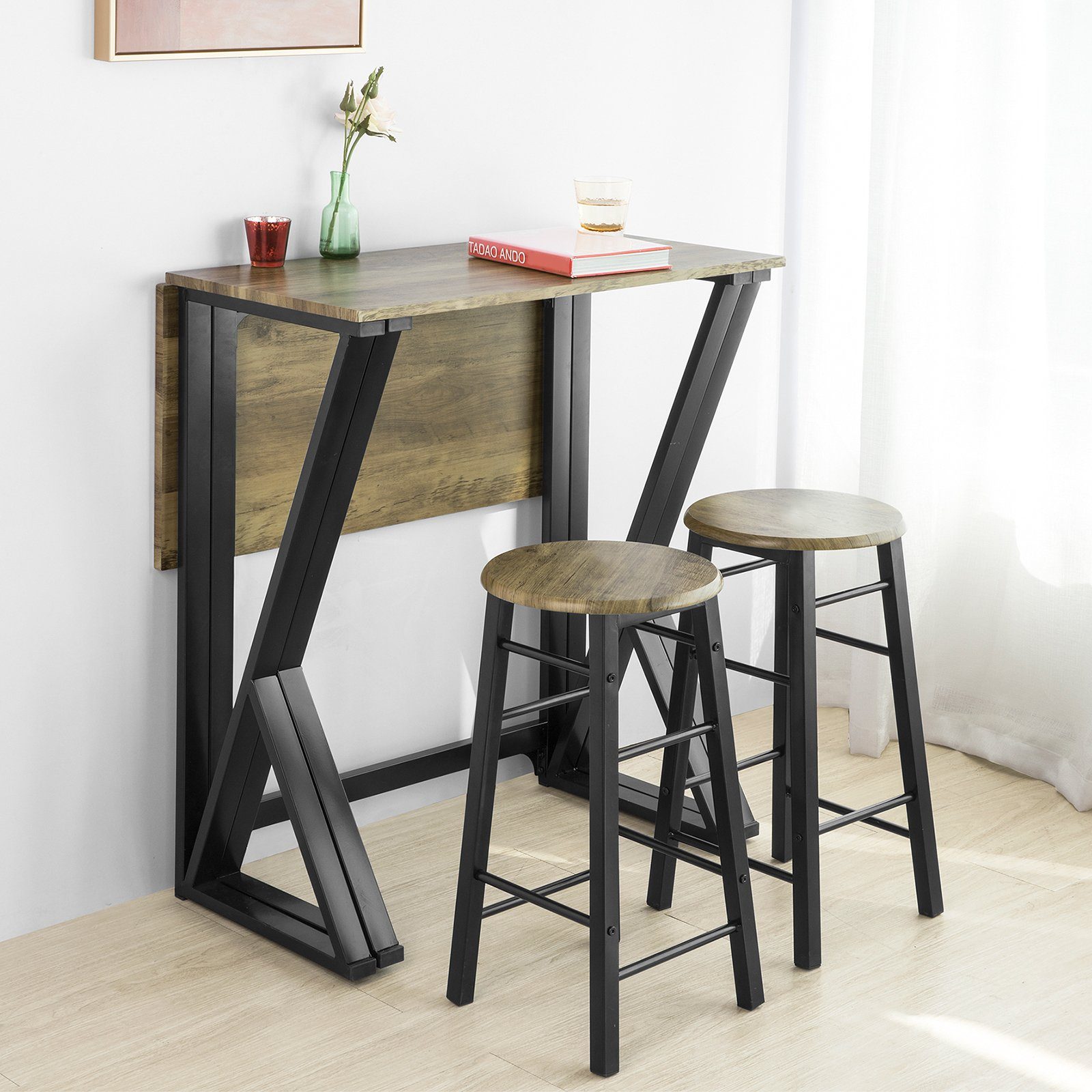SoBuy Essgruppe OGT24, (5-tlg), 5-teilige Essgruppe Esstisch mit 4 Stühlen Klapptisch Esszimmer Sitzgruppe Küche Küchentisch Holztisch klappbar im Industrial-Look