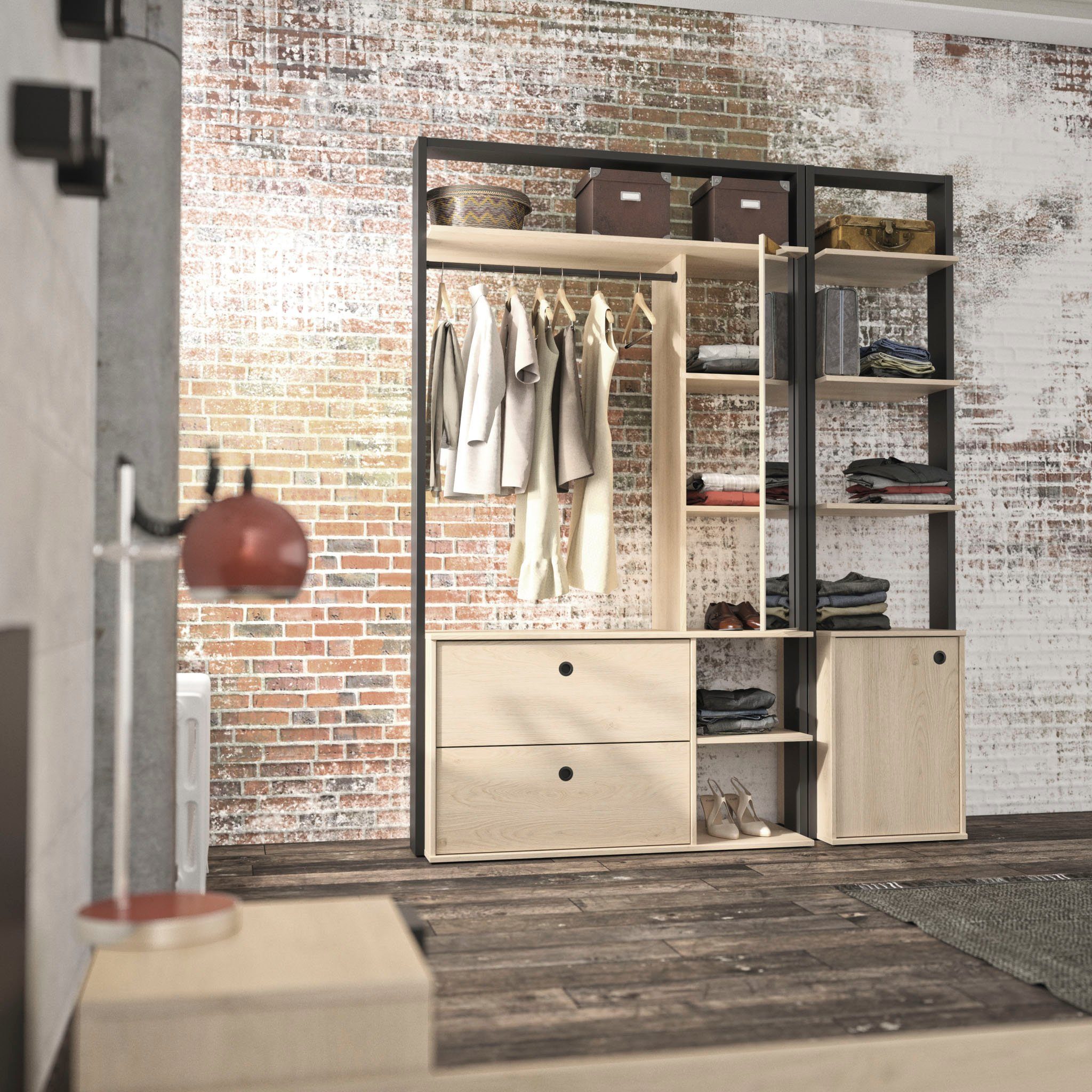 Gami Jugendzimmer-Set Duplex, (6-St., Bett, 2x offenes Schranksystem, Schreibtisch, Kommode, Hochbett)