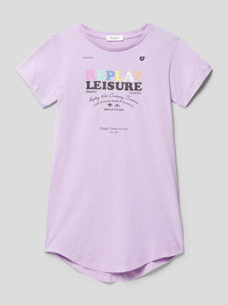 Knielanges T-Shirt-Kleid mit Statement-Print in flieder