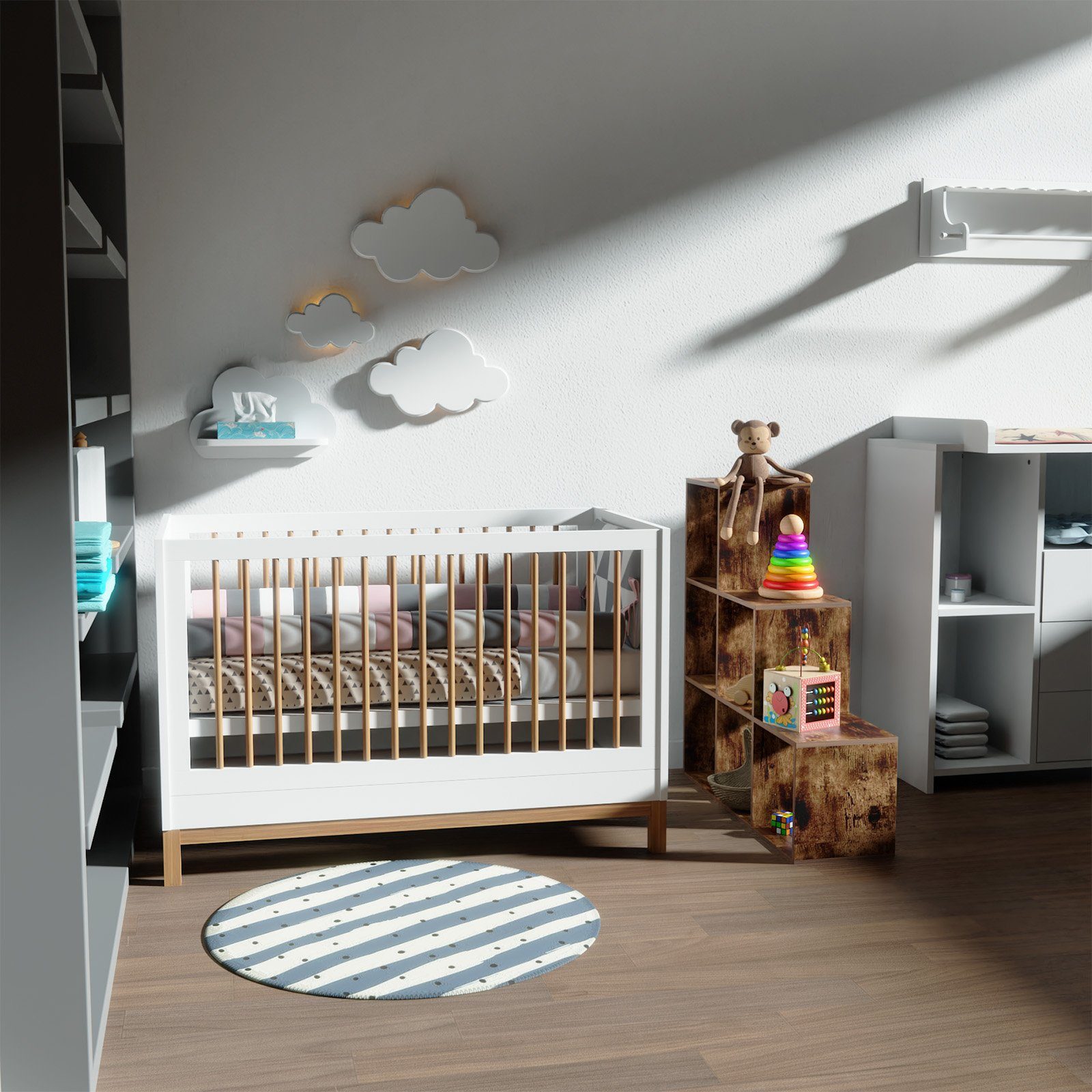 MIADOMODO Raumteiler Treppenregal- Weiß/Braun, 6/10 Fächer, Stabil, Offen, Freistehend, MDF