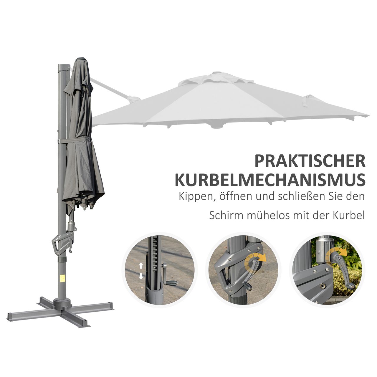 Outsunny Sonnenschirm Ø298 cm Kurbelschirm Ampelschirm Winkel verstellbar Grau
