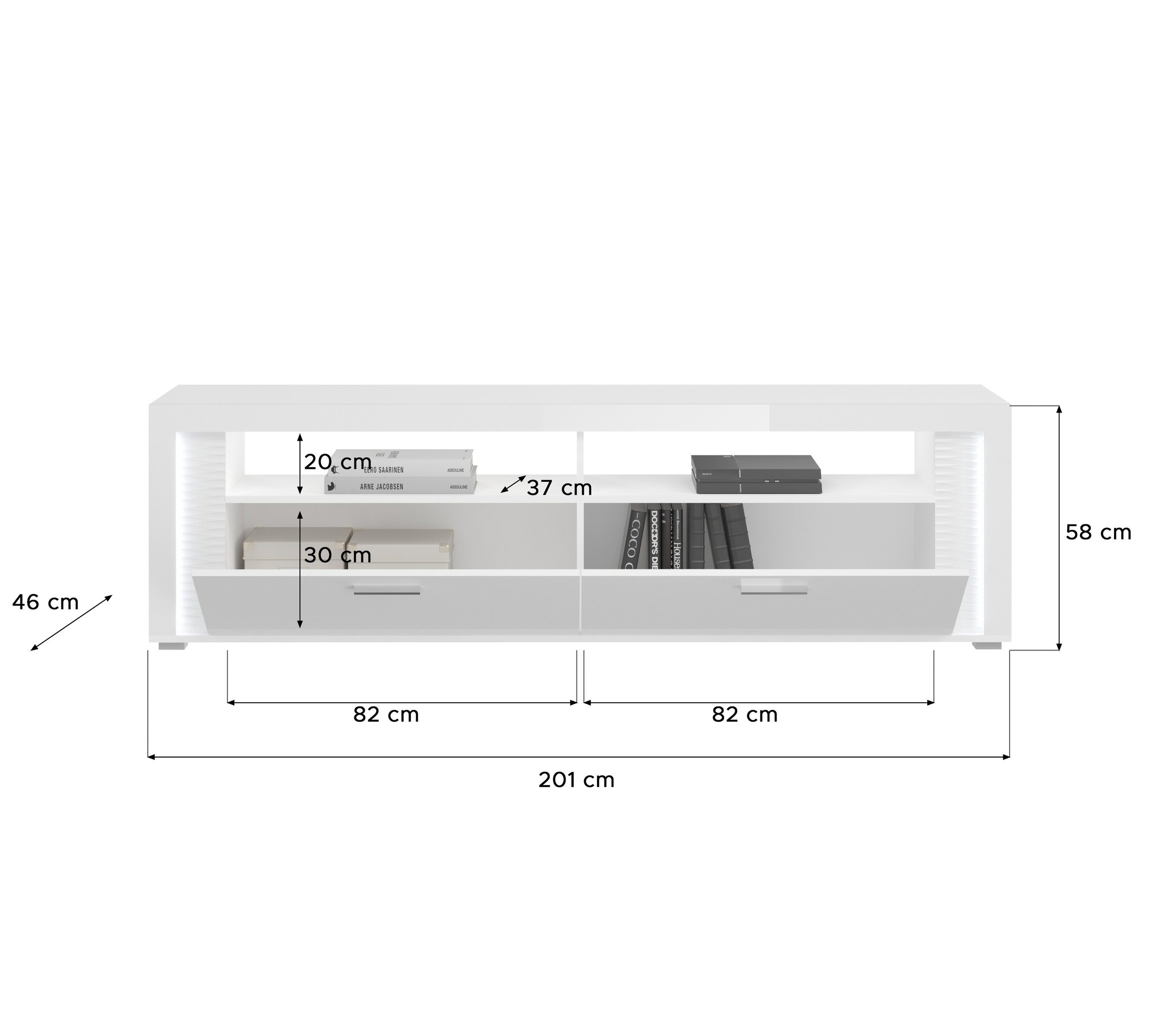 möbelando Wohnwand Skylight, (BxHxT: 351x202x46 cm), in weiß/weiß hochglanz