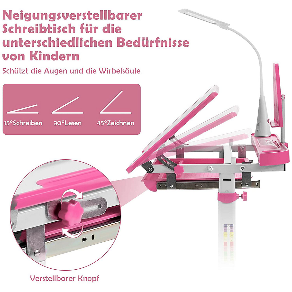 Kinderschreibtisch mit Licht & Bücherständer höhenverstellbar
