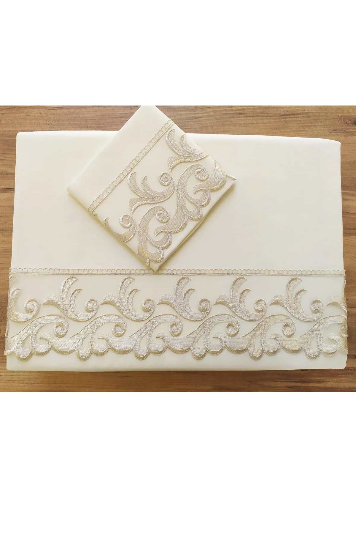 Çeyiz Diyarı  Französisches Guipure-Belinda-Bettbezug-Set, 6-teilig, Creme-Cappuccino