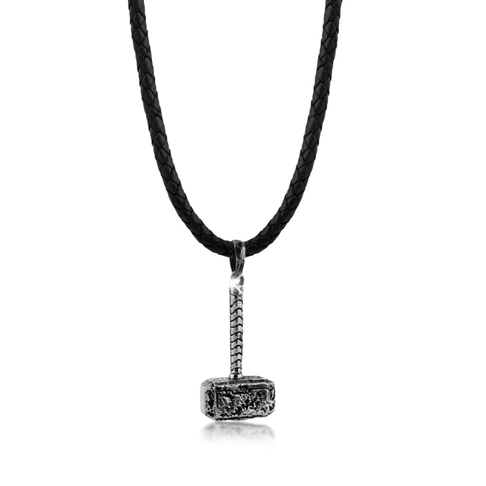 KUZZOI KUZZOI Collier Männerkette Leder Hammer Anhänger 925 Silber collier