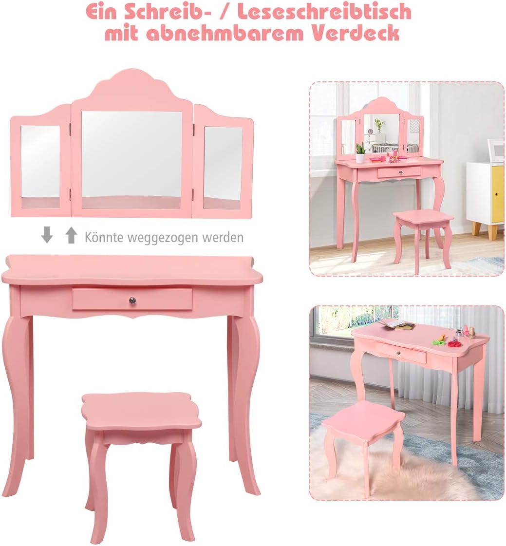 Costway Kinder Schminktisch mit Hocker und Abnehmbarer Spiegel