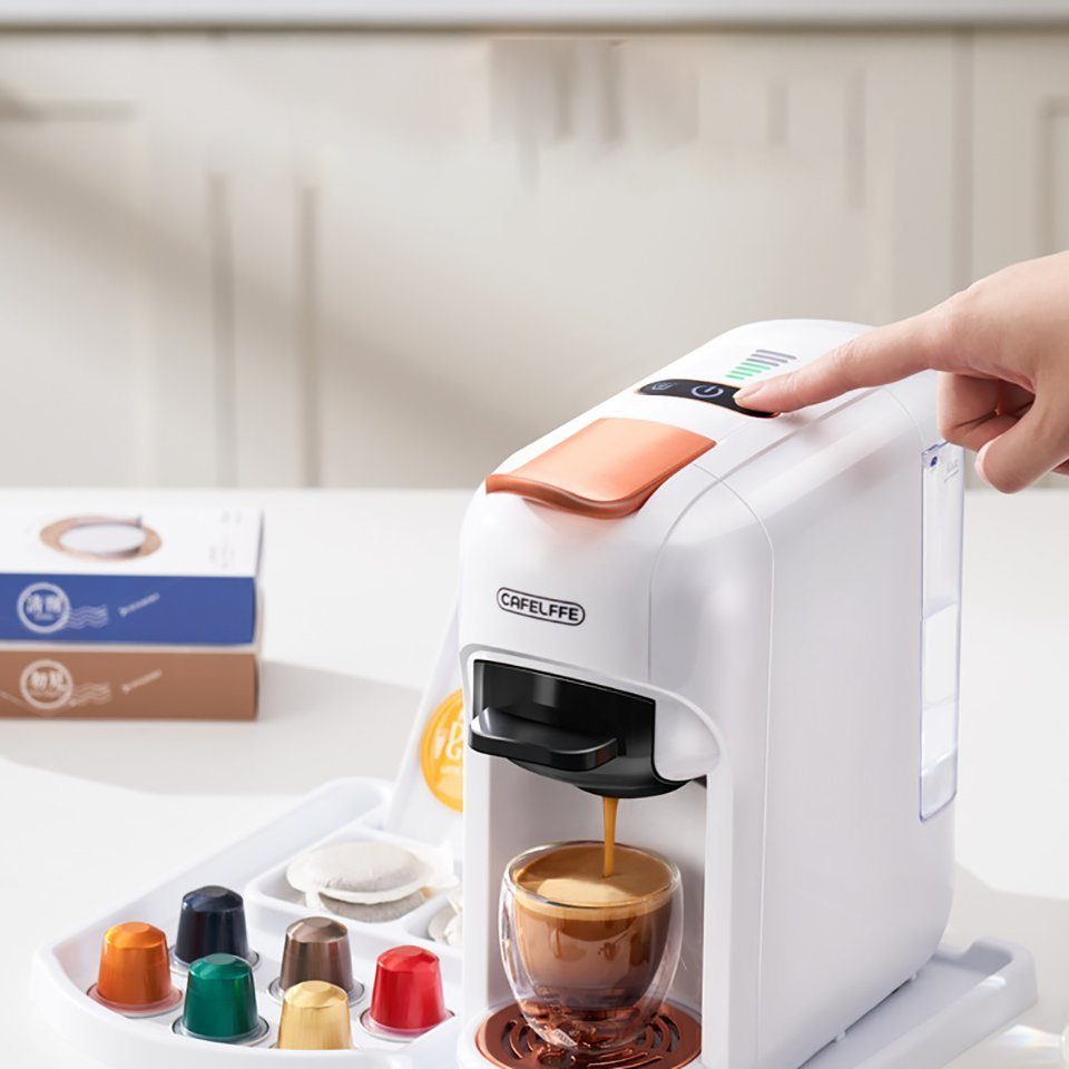 KREATE Kapselmaschine 5-in-1-Kaffeemaschine, 19-Bar-Espressomaschine, Kalt-/Heißmodus, 0.6l Kaffeekanne, Kompatibel mit Kcup*/Nes* Original/DG*/ESE Pod/gemahlenem Kaffee Wassermenge Stufe 7, 110*275*265 mm, Abnehmbarer 20-Unzen-Behälter, LED-Streifen