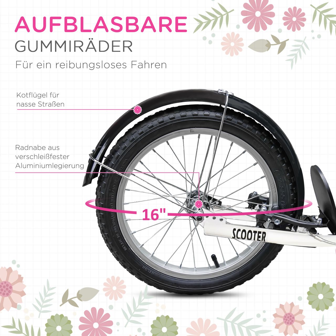 HOMCOM Kinderroller Scooter Tretroller mit Bremse Korb höhenverstellbar für 5-12 Kinder Roller Kickboard Aluminiumlegierung Gummi Rosa Weiß 139 x 58 x 90-96 cm