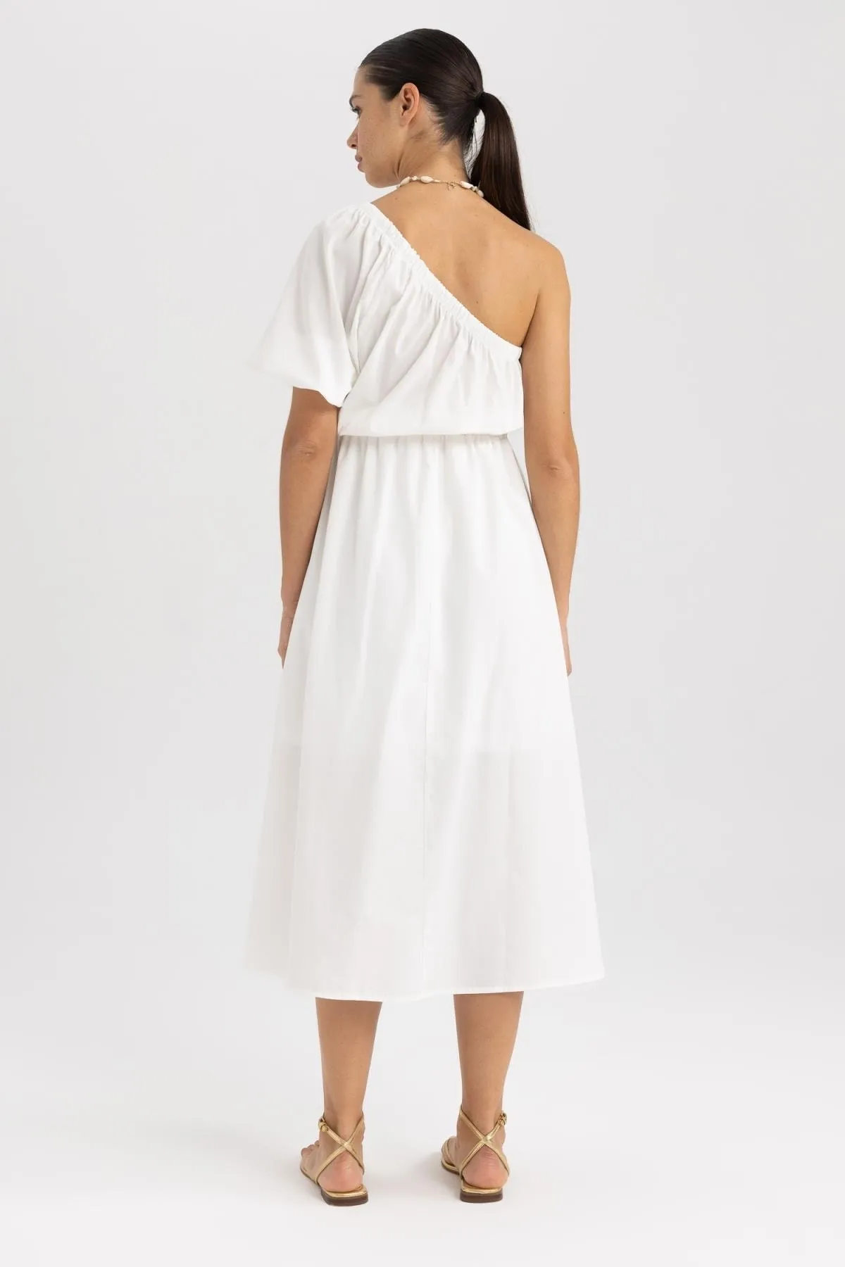 DeFacto  Weißes One-Shoulder-Midikleid aus Popeline - Kurzarm A9416ax23hs