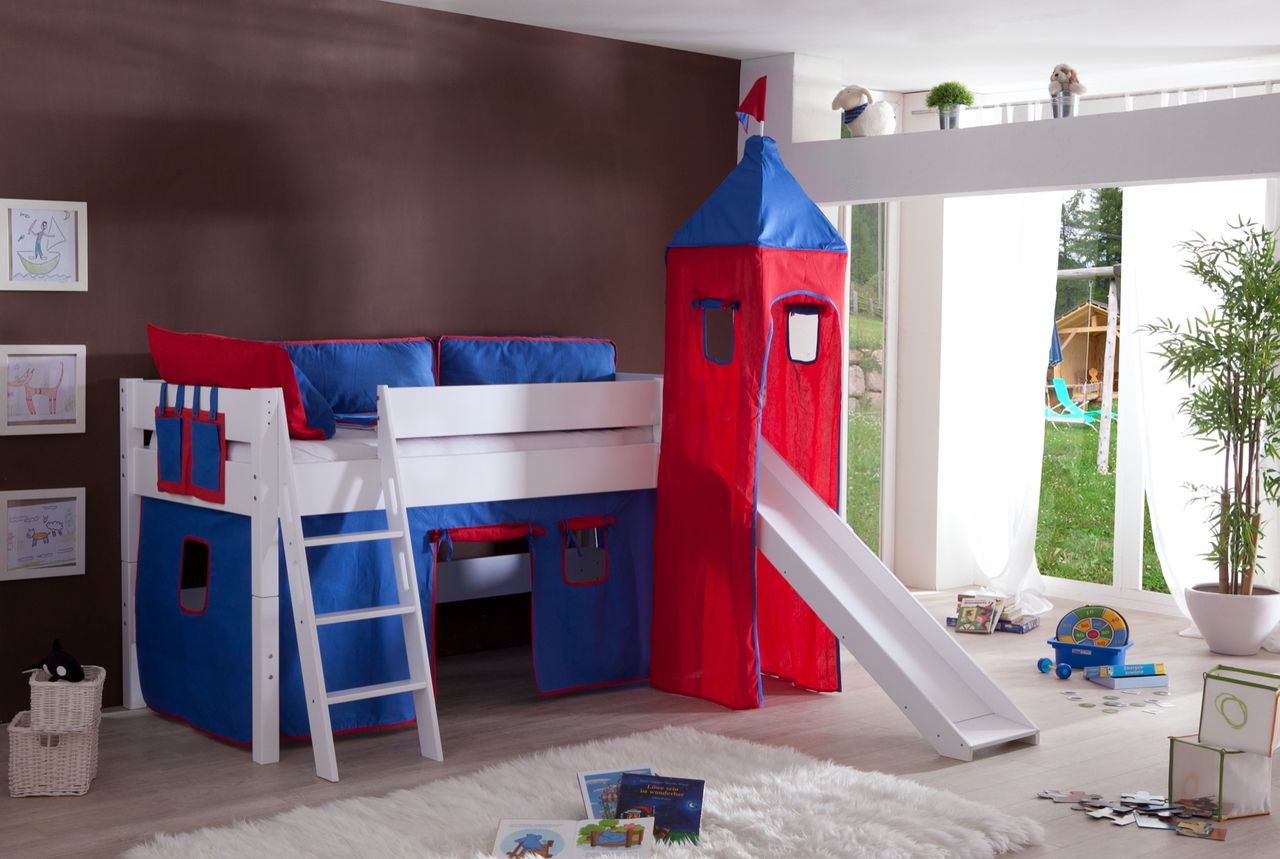 Relita Spielbett KIM 90x200 cm, mit Rutsche und Turm Buche massiv weiß lackiert Stoffset blau/rot