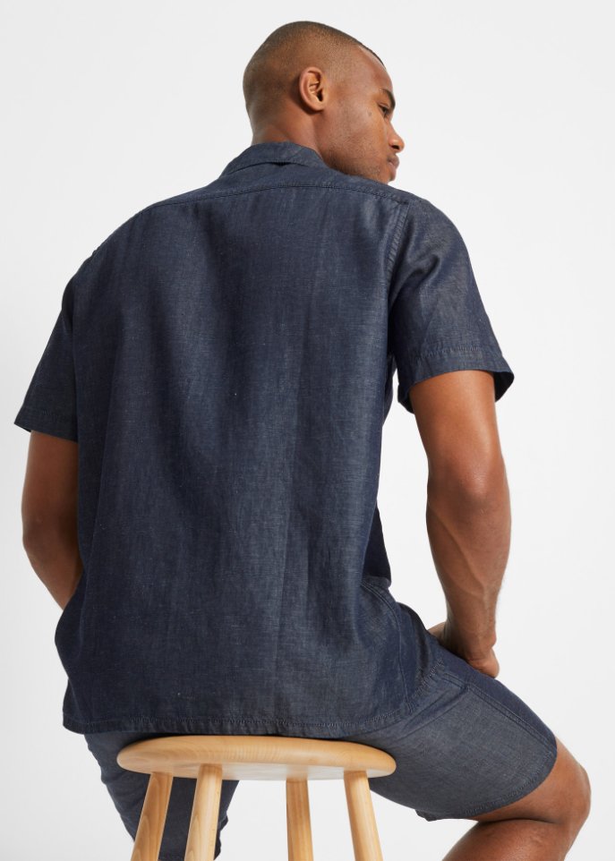 Jeanshemd mit Lyocell und Leinen, Kurzarm