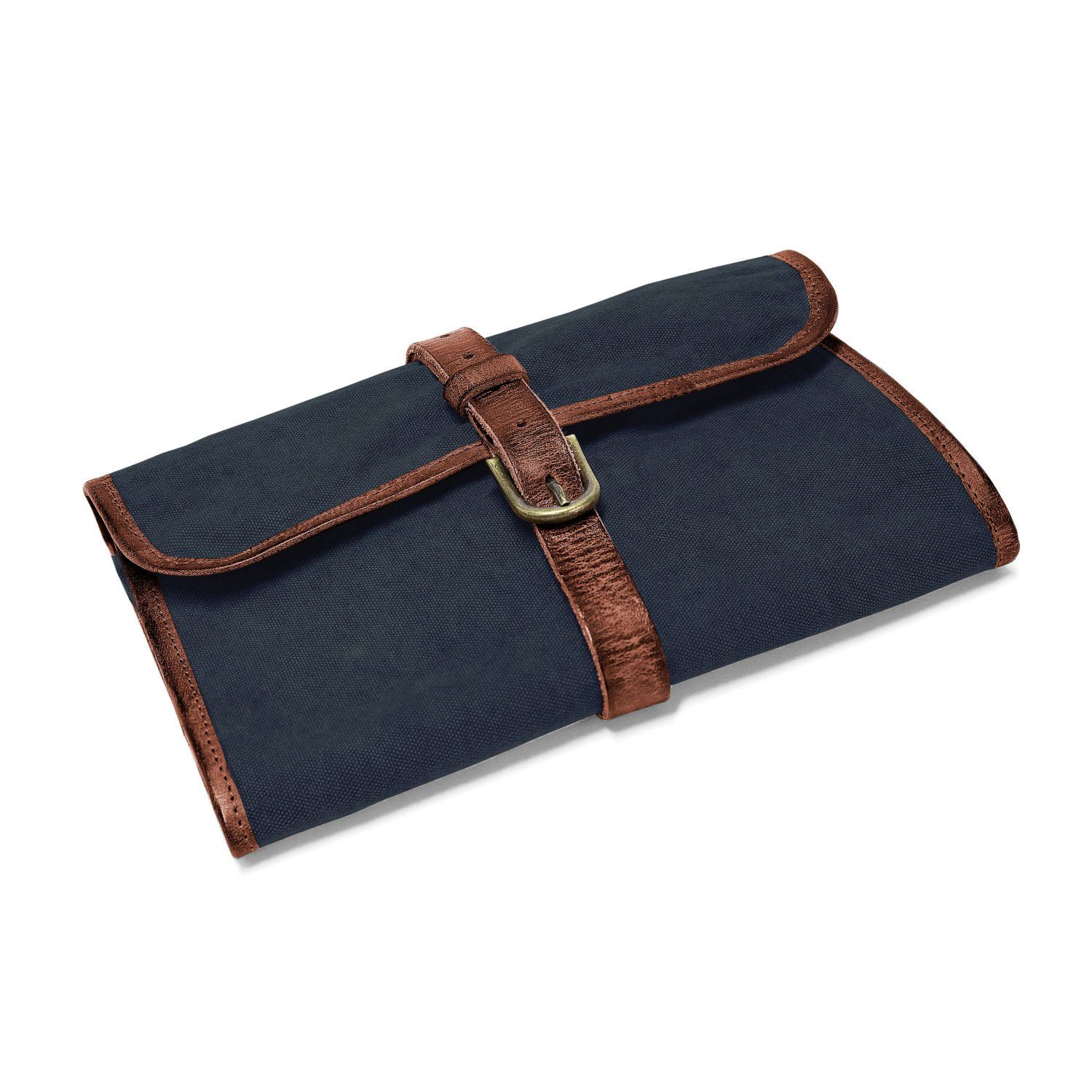 DRAKENSBERG Kulturbeutel zum Aufhängen Sid Marine-Blau, Damen, Herren, rollbare Kulturtasche im Safari-Design, Canvas, Leder