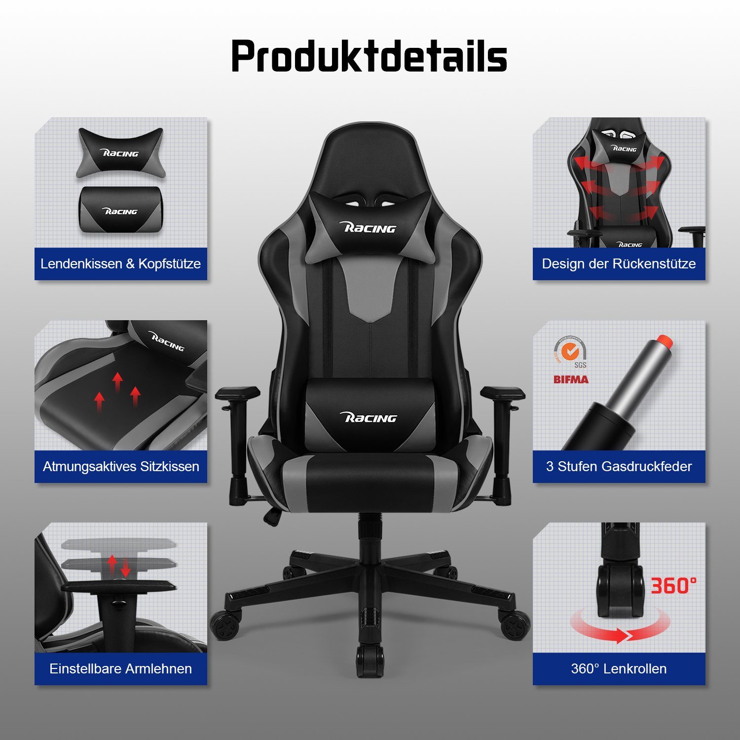 Authmic Gaming-Stuhl Gaming Stuhl, Bürostuhl (Ergonomischer Schreibtischstuhl (mit verstellbare Kopfstütze und Lendenwirbelstütze, Computerstuhl mit Lendenkissen,Gamer Stuhl Wippfunktion 90°-165°, PC Gamer Racing Stuhl bis 150kg)