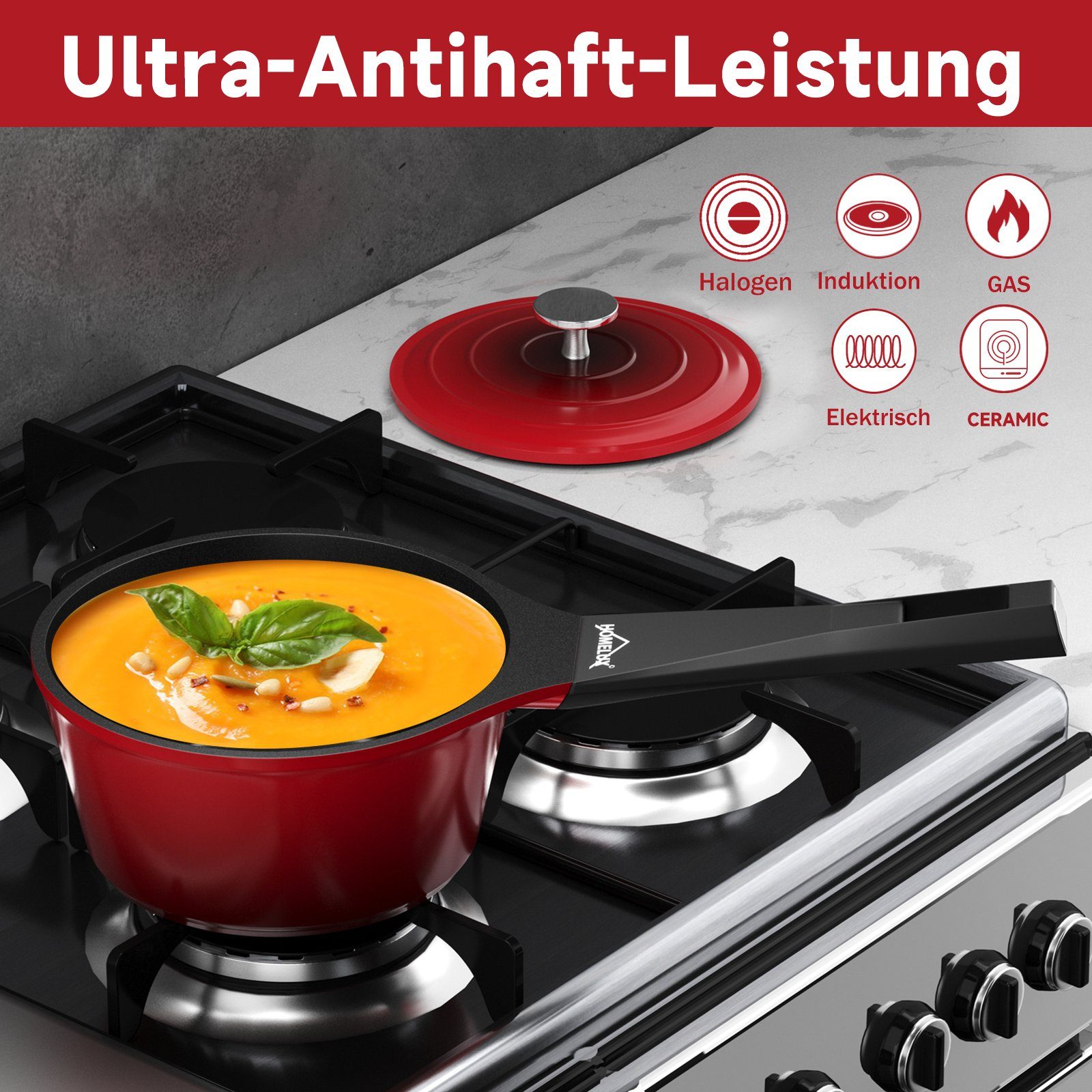 HOMELUX Topf-Set Rot Topf Induktions Kochtöpfe mit Deckel Suppentöpfe Set, Aluminium (6-tlg., für alle Herdarten), induktionsgeeignet