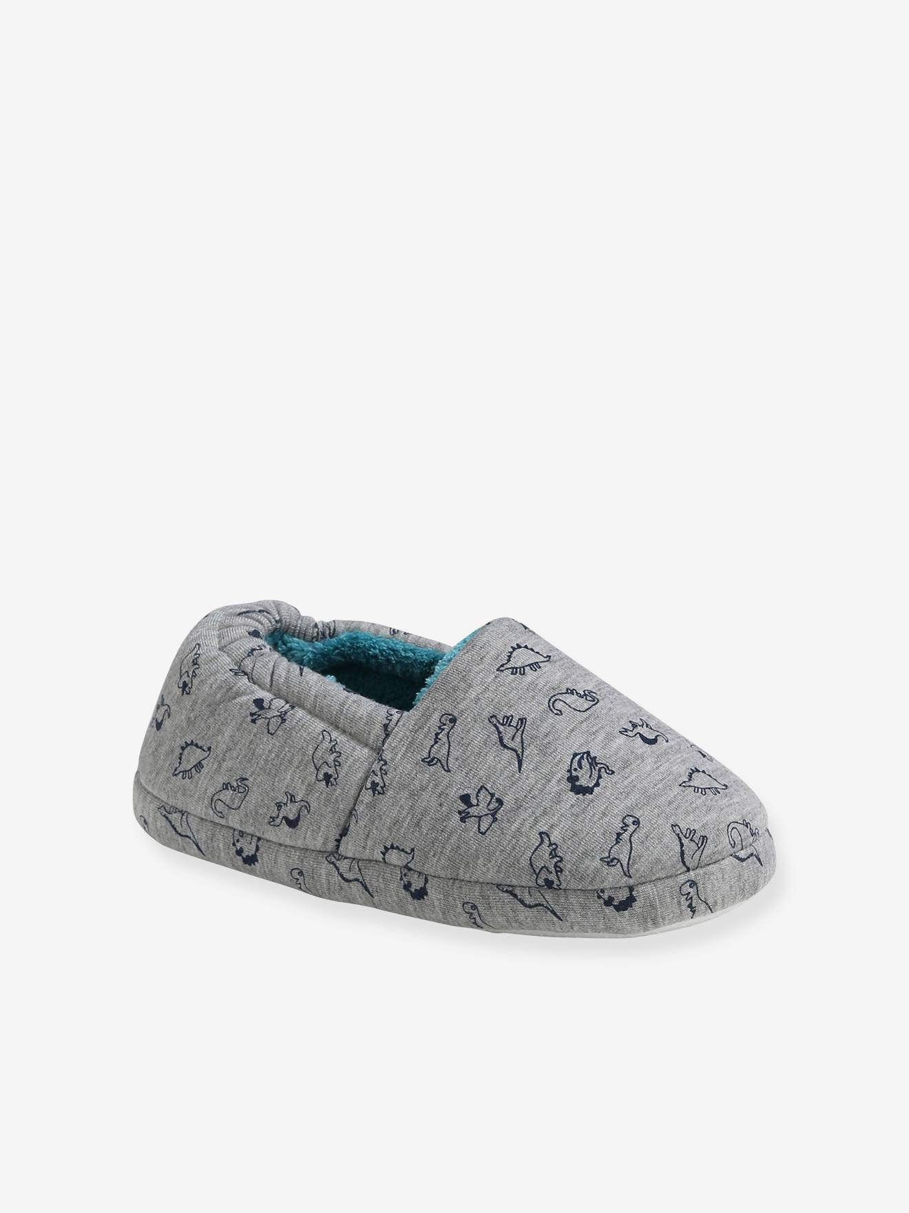Chaussons intérieur peluche garçon dinosaures gris