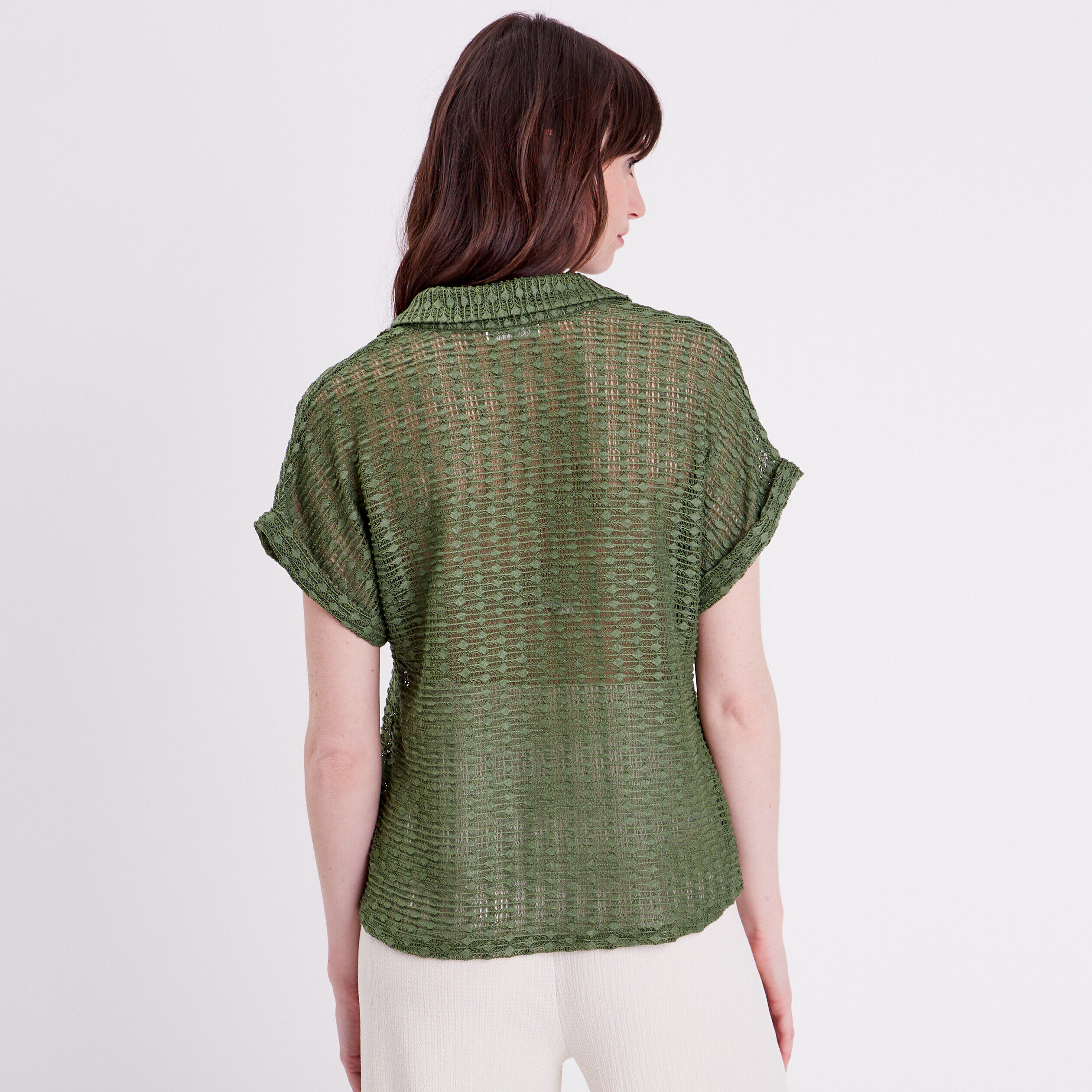 Blouse manches courtes ajourée vert foncé femme | Cache Cache