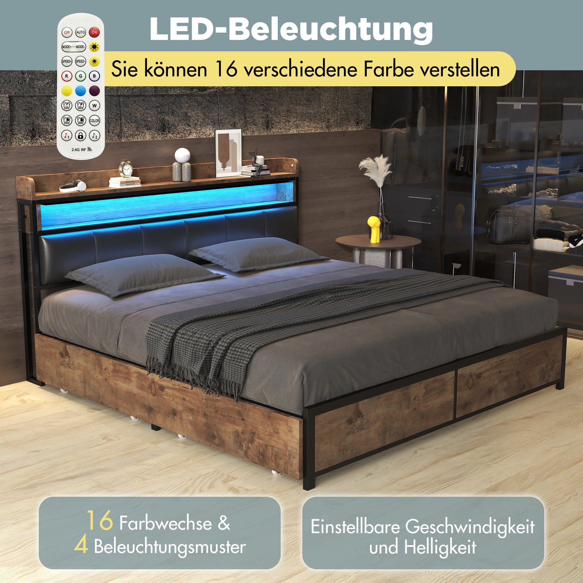 OKWISH Holzbett Polsterbett Jugendbett (160x200 cm Ohne Matratze, LED-Bett, Jugendbett, mit 4 Schubladen)