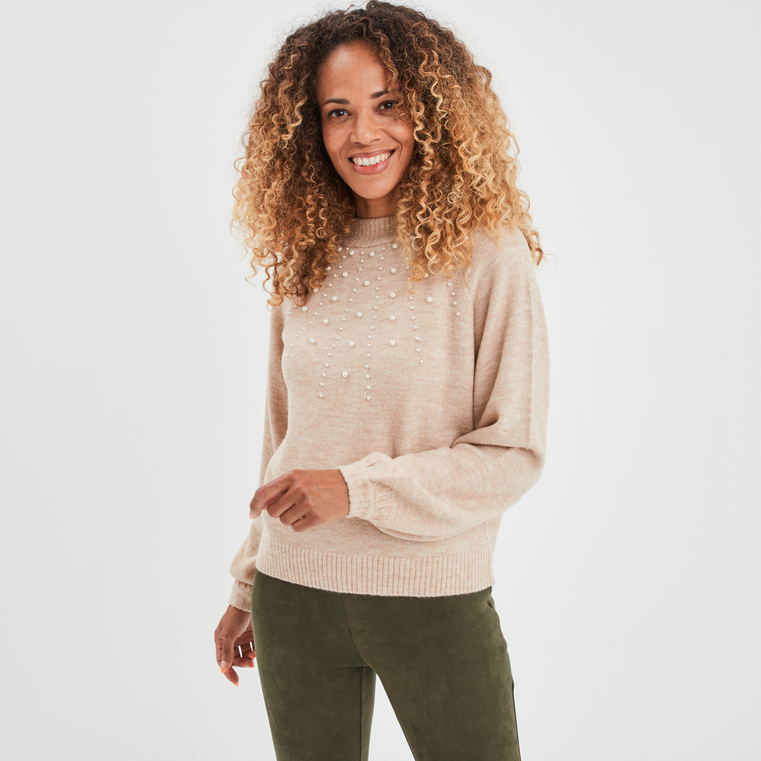 Pull avec perles et manches ballons beige femme | La Halle