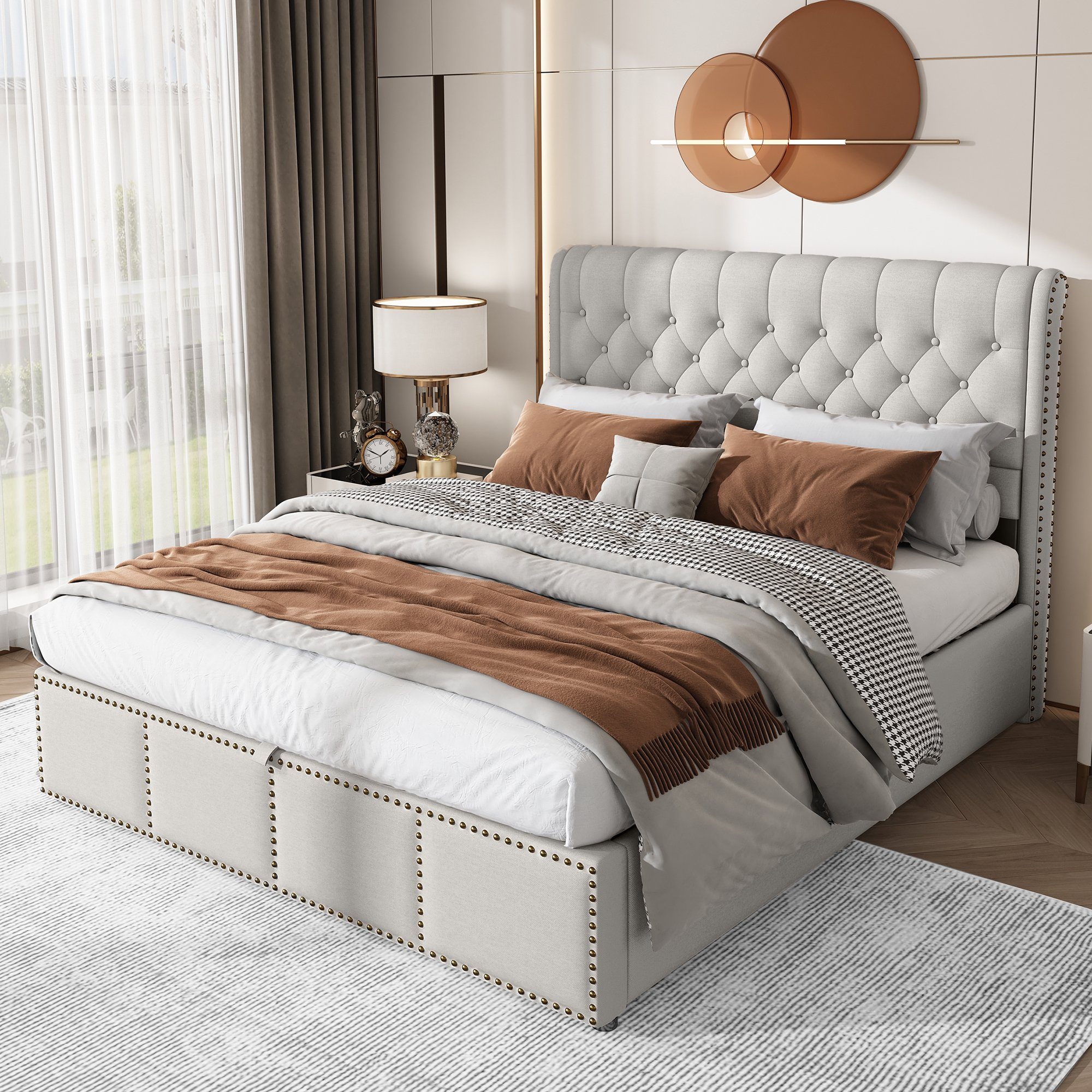 SOFTWEARY Stauraumbett Doppelbett mit Lattenrost und Bettkasten (140x200 cm), gepolsterter Kopfteil, Bezug aus Leinen