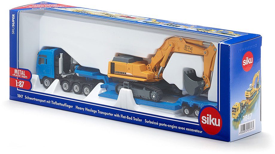 Siku Spielzeug-LKW SIKU Super, MAN TG-A mit Tiefbettauflieger (1847), mit Liebherr Bagger