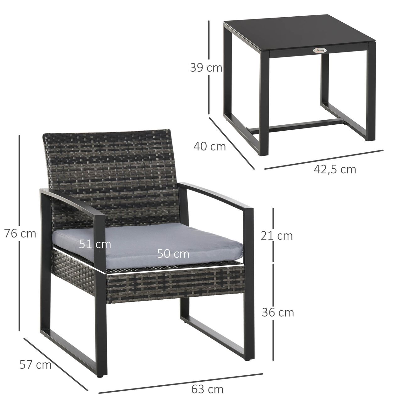 Outsunny Polyrattan Gartenset 3 tlg. Balkonmöbel Set mit Kissen Grau